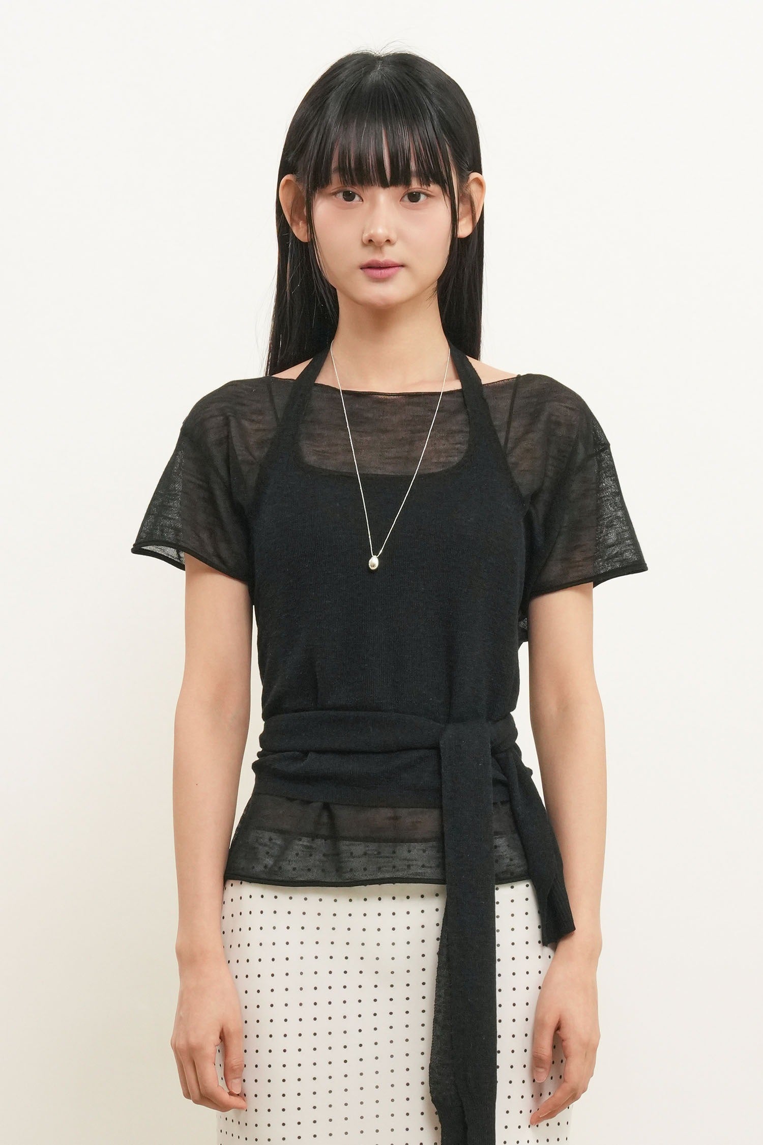 [General Idea] See-Through Halter Neck Layered Knit Set / Black