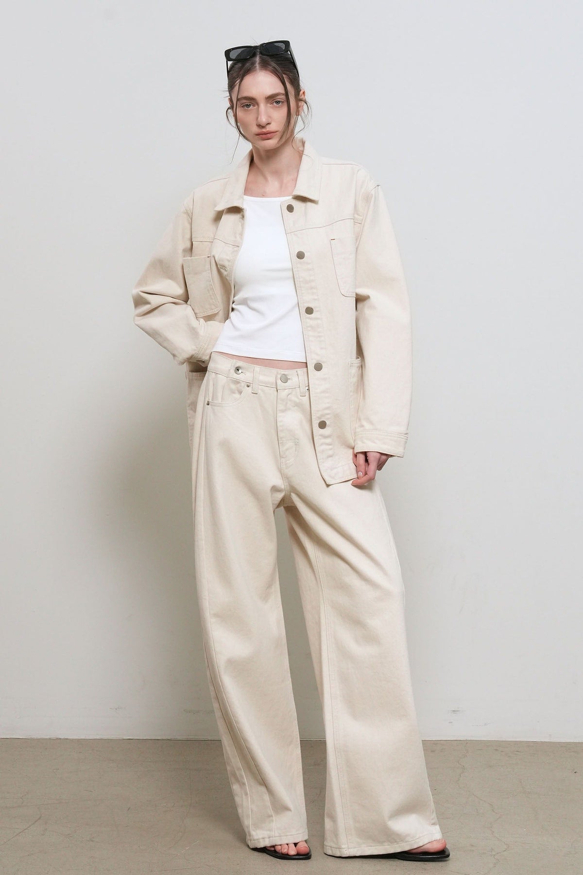 General Idea Snap Detail Wide Denim Pants Ivory