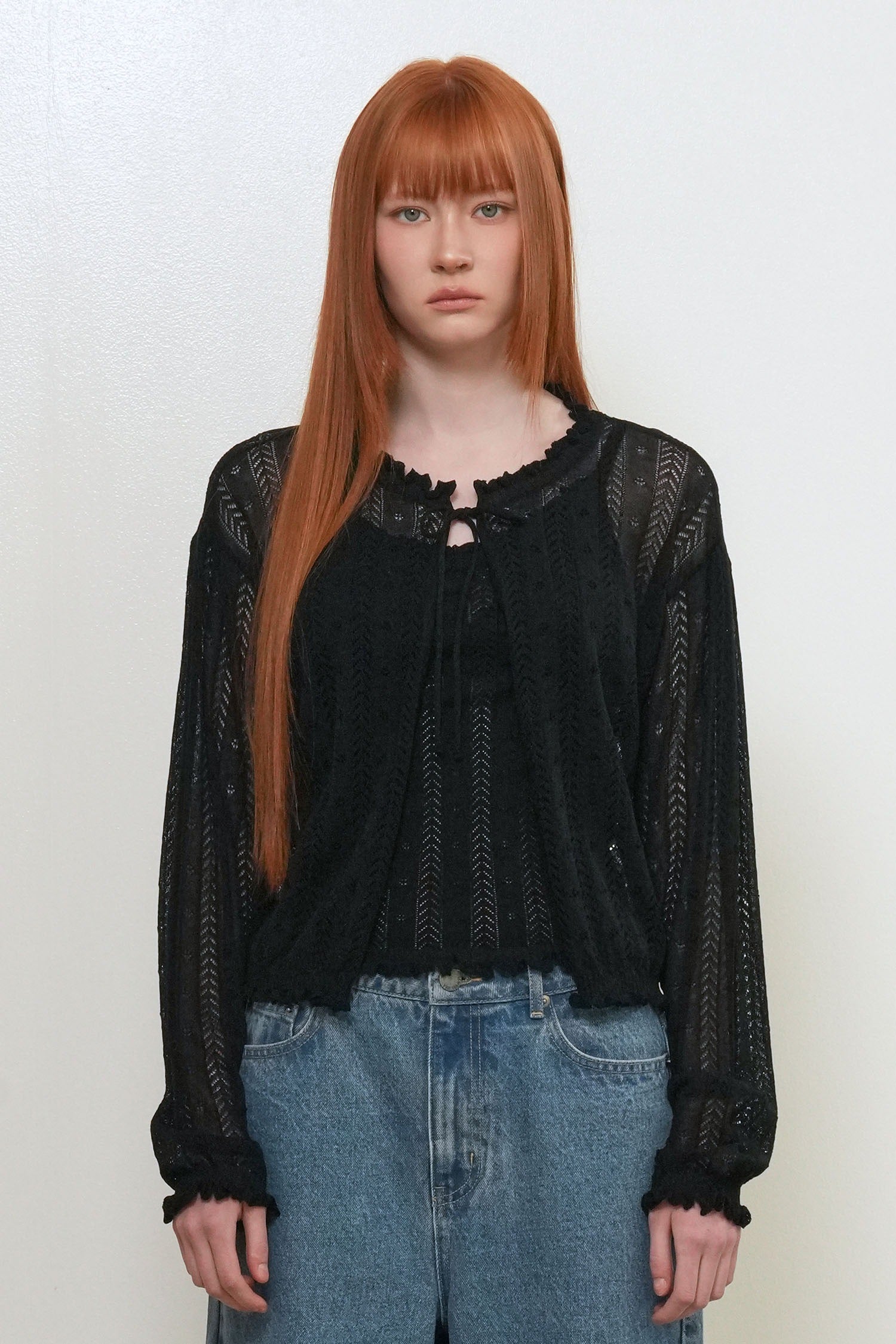 [General Idea] Punching Ruffle Sleeveless Cardigan Set / Black