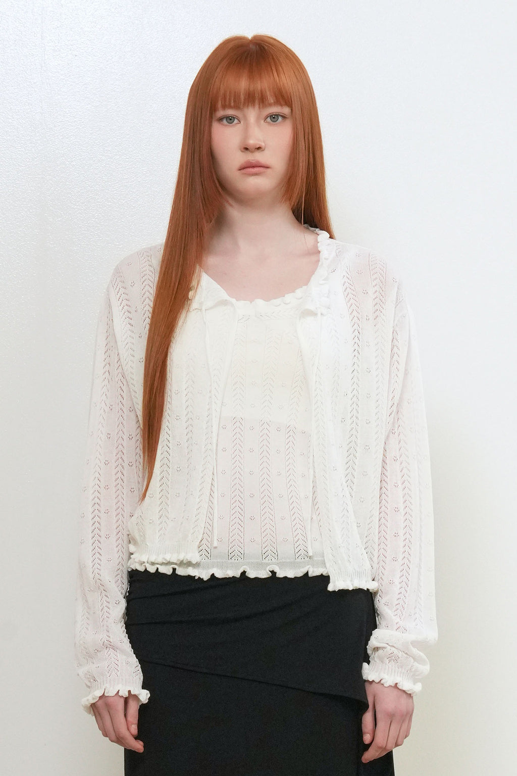 [General Idea] Punching Ruffle Sleeveless Cardigan Set / White