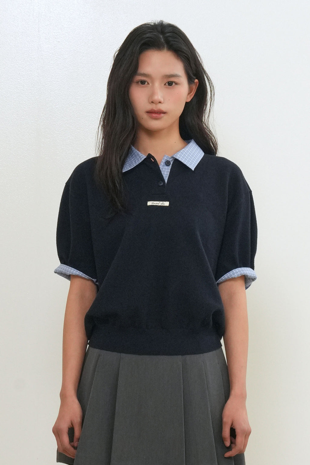 [General Idea] Shirt Collar Piqué Half-Sleeve Knit Top / Navy