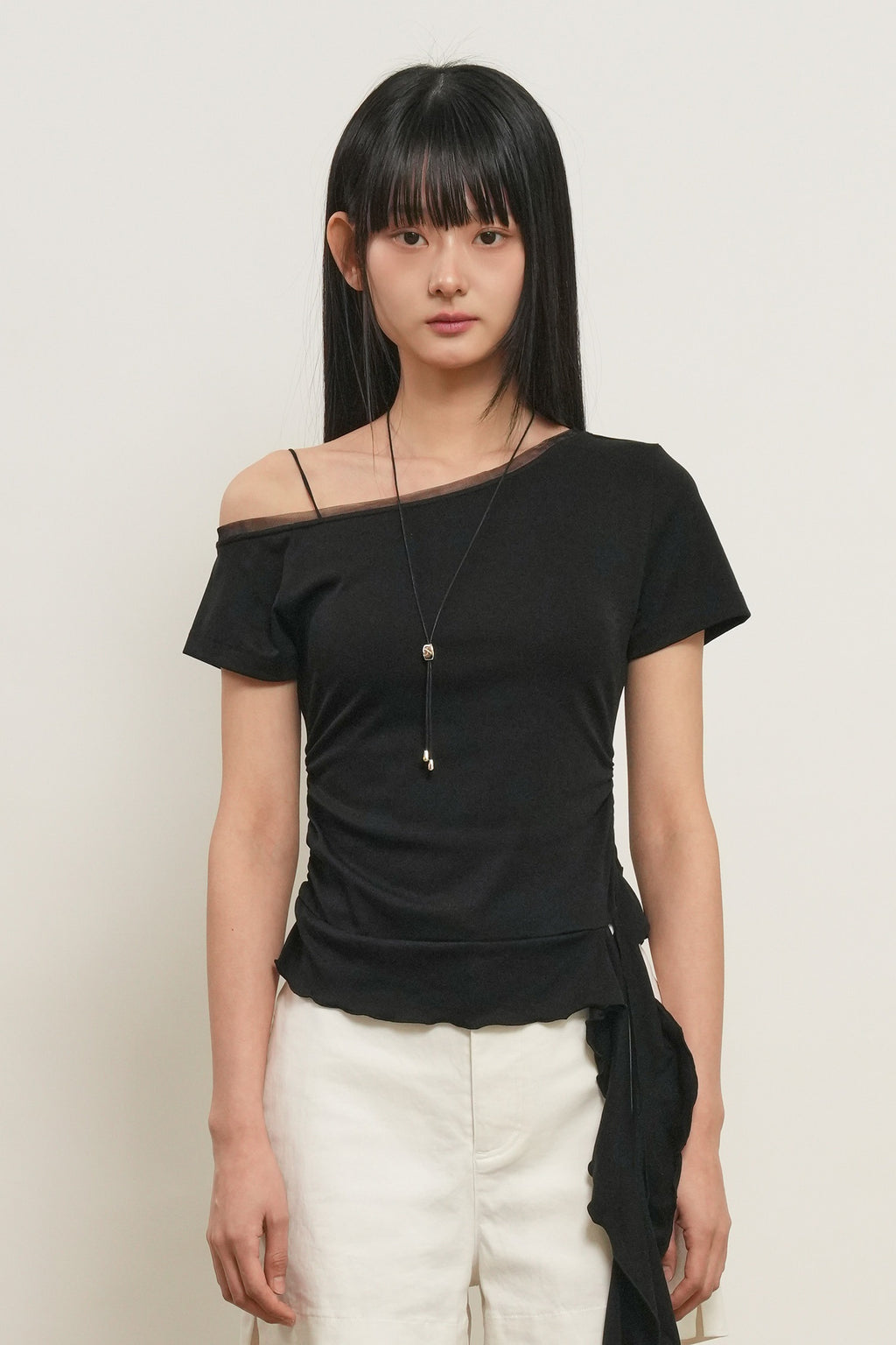 [General Idea] Mesh Trimming One Shoulder T-Shirt / Black