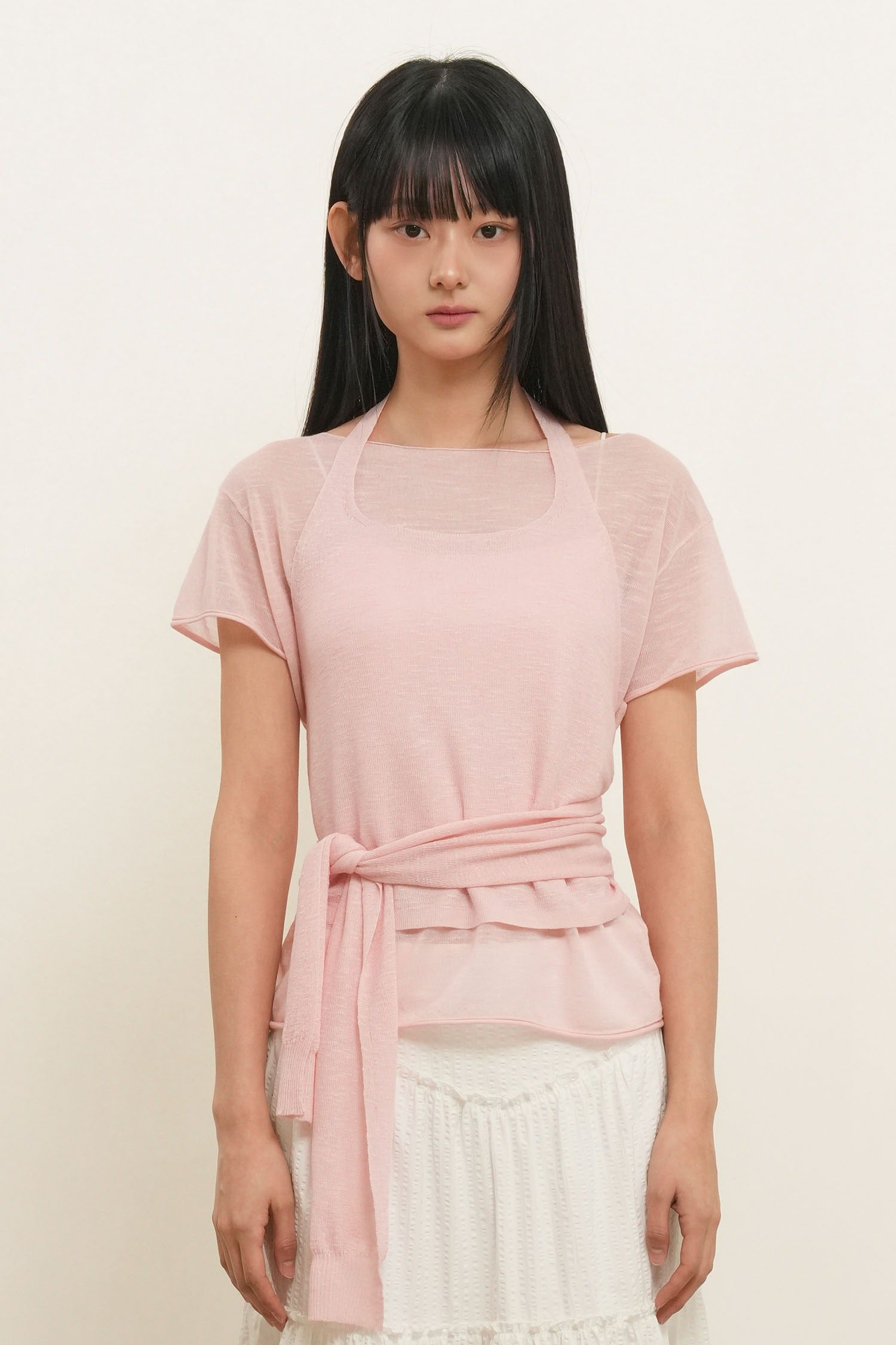 [General Idea] See-Through Halter Neck Layered Knit Set / Pink