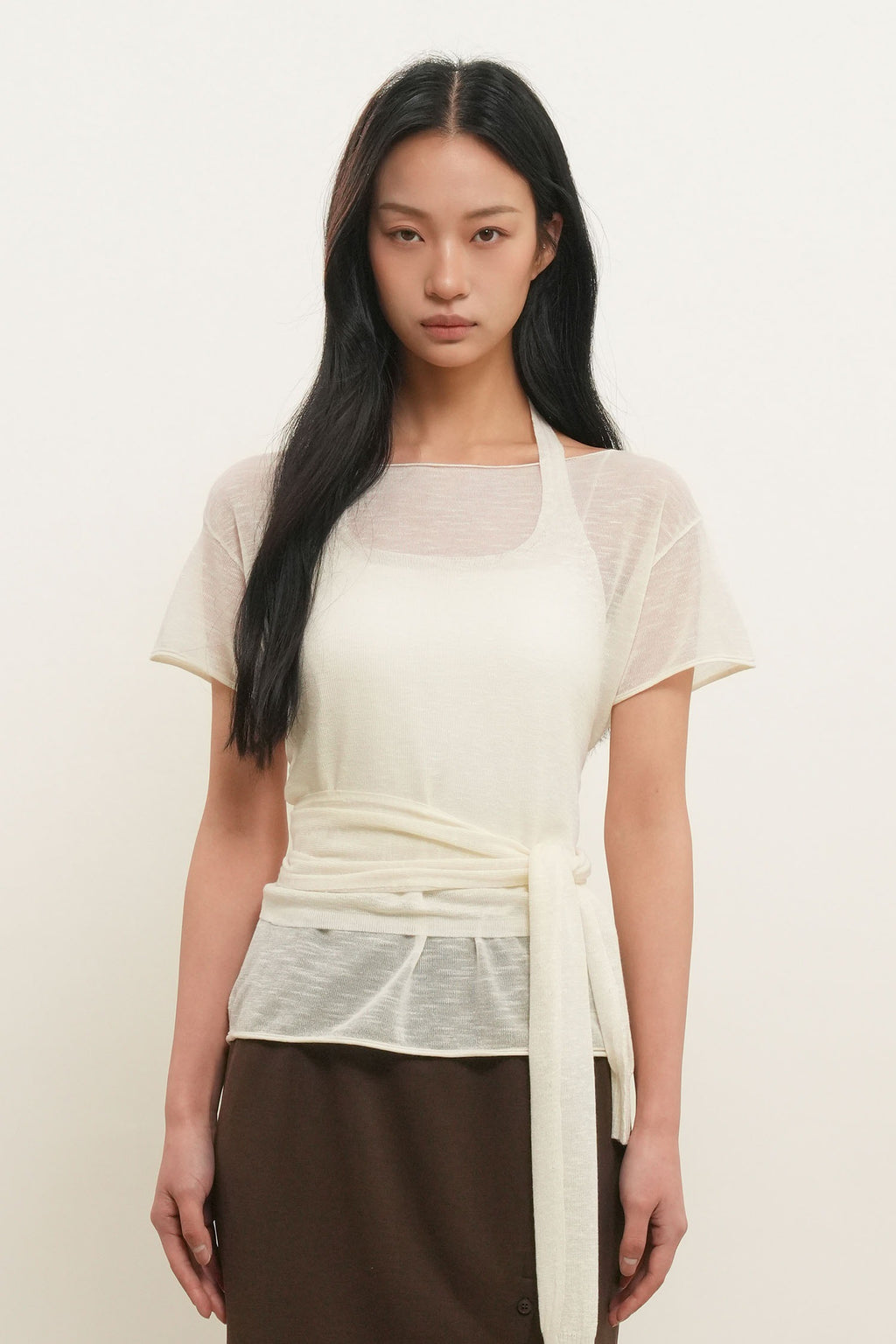 [General Idea] See-Through Halter Neck Layered Knit Set / Ivory