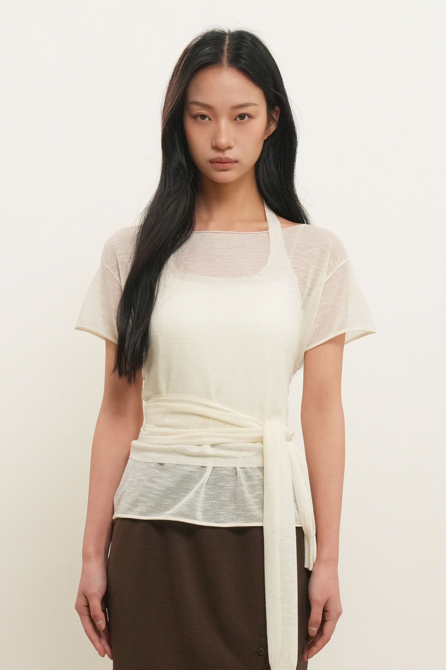 [General Idea] See-Through Halter Neck Layered Knit Set / Ivory