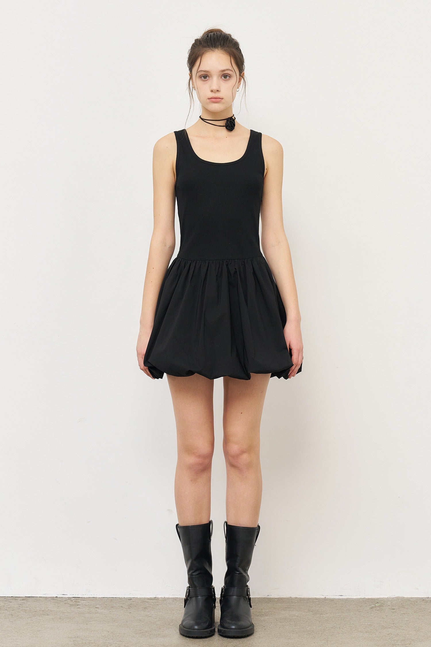 [General Idea] Jersey Top Balloon Mini Dress / Black
