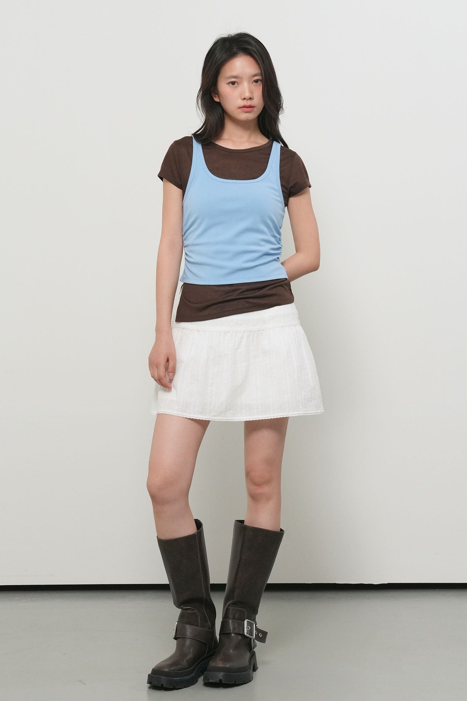 [General Idea] WOMAN Two Way Color Layered T-Shirt / Sky Blue