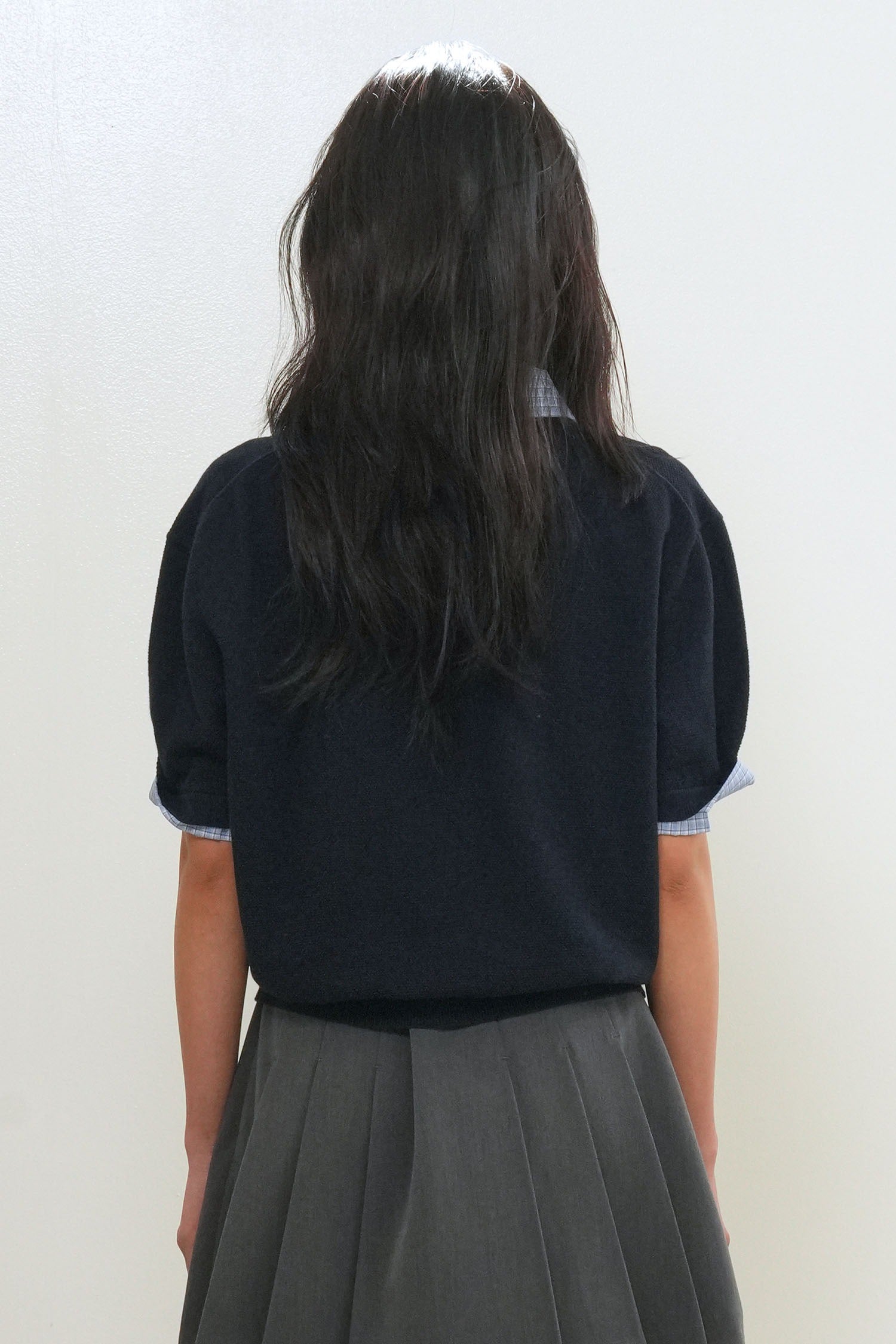[General Idea] Shirt Collar Piqué Half-Sleeve Knit Top / Navy