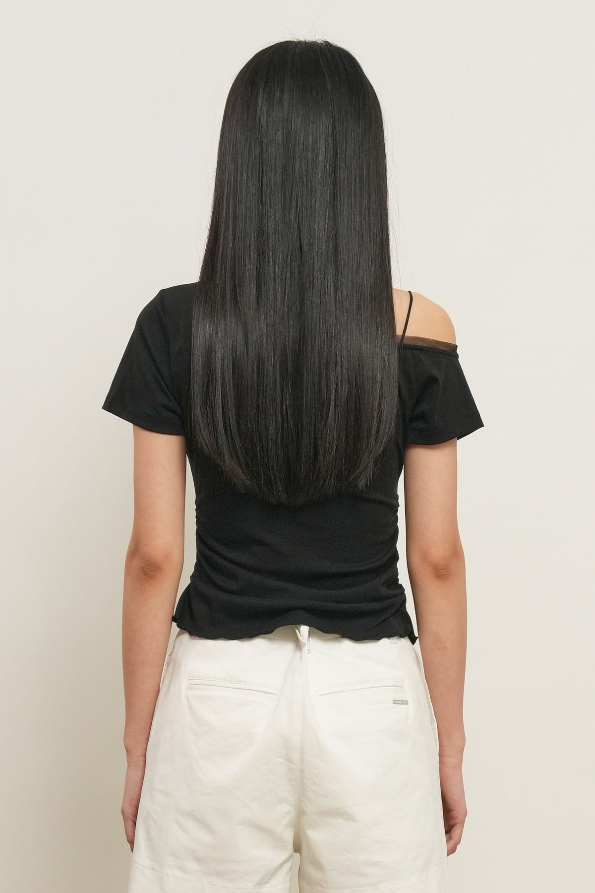 General Idea Mesh Trimming One Shoulder T-Shirt Black detail 1