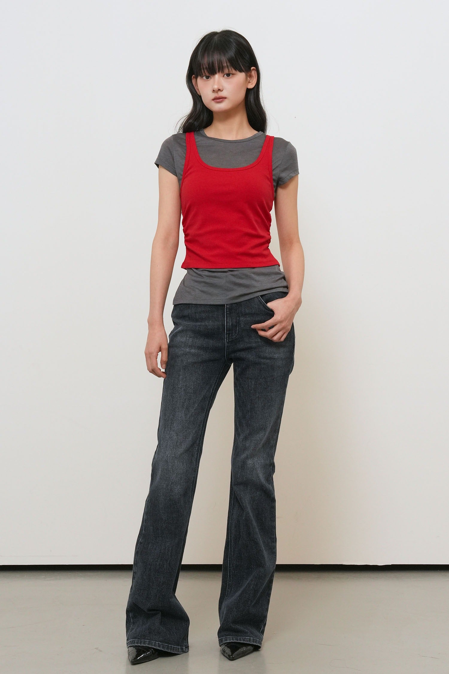 [General Idea] WOMAN Two Way Color Layered T-Shirt / Red