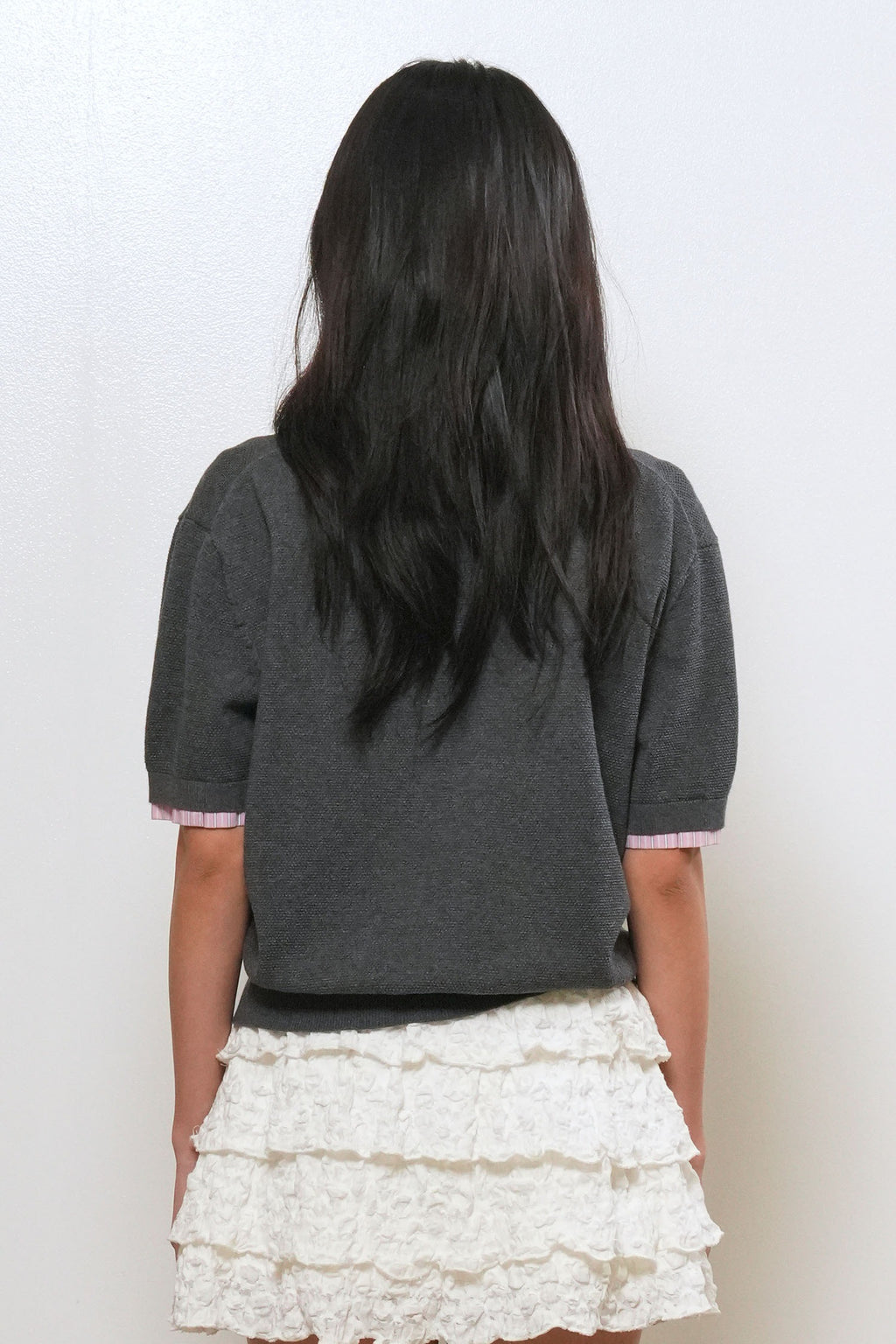 [General Idea] Shirt Collar Piqué Half-Sleeve Knit Top / Charcoal