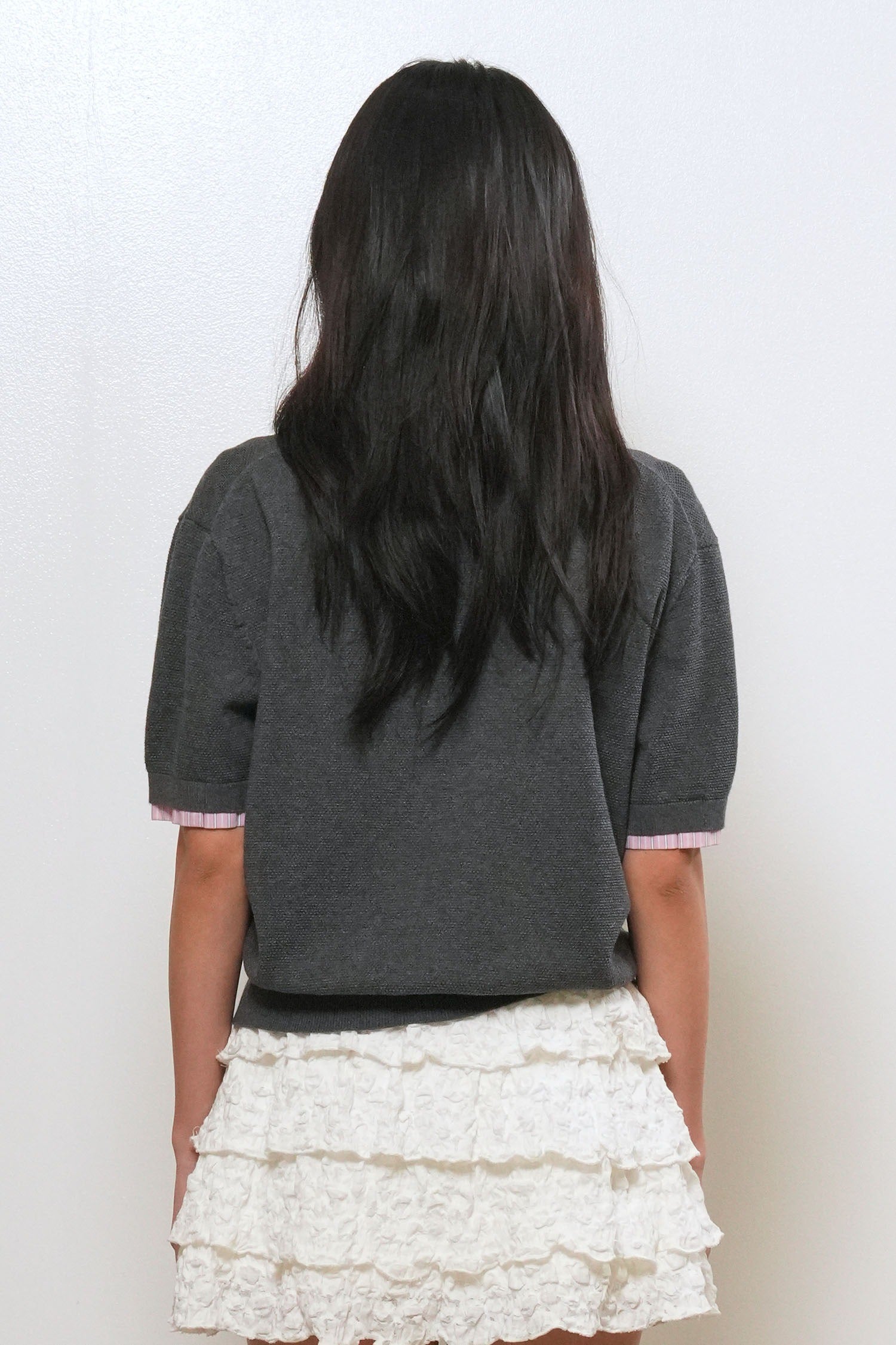 [General Idea] Shirt Collar Piqué Half-Sleeve Knit Top / Charcoal
