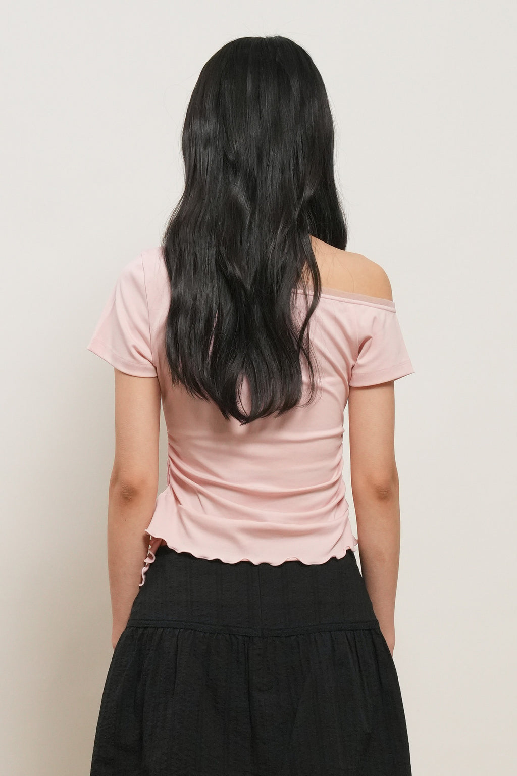 [General Idea] Mesh Trimming One Shoulder T-Shirt / Pink
