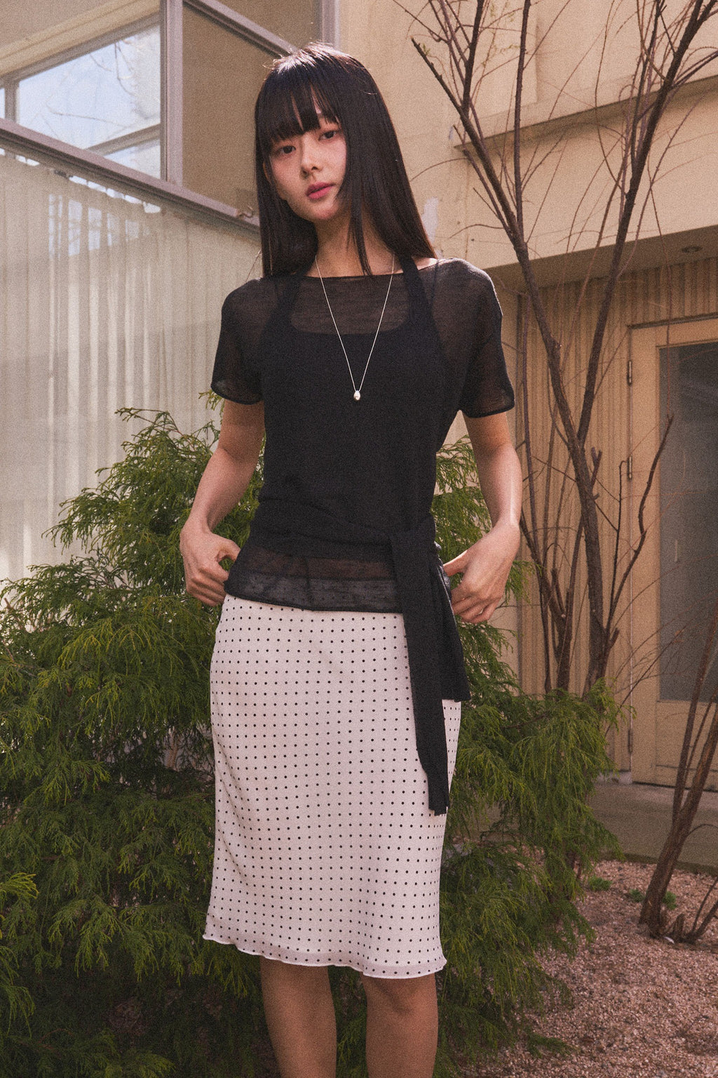 [General Idea] See-Through Halter Neck Layered Knit Set / Black