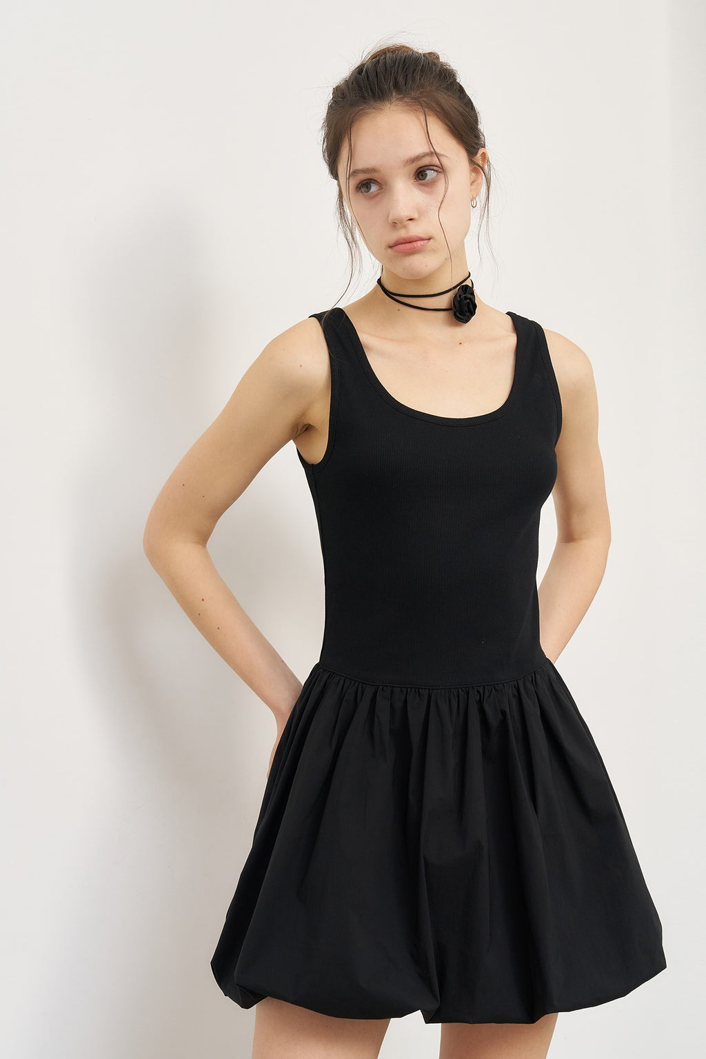 [General Idea] Jersey Top Balloon Mini Dress / Black