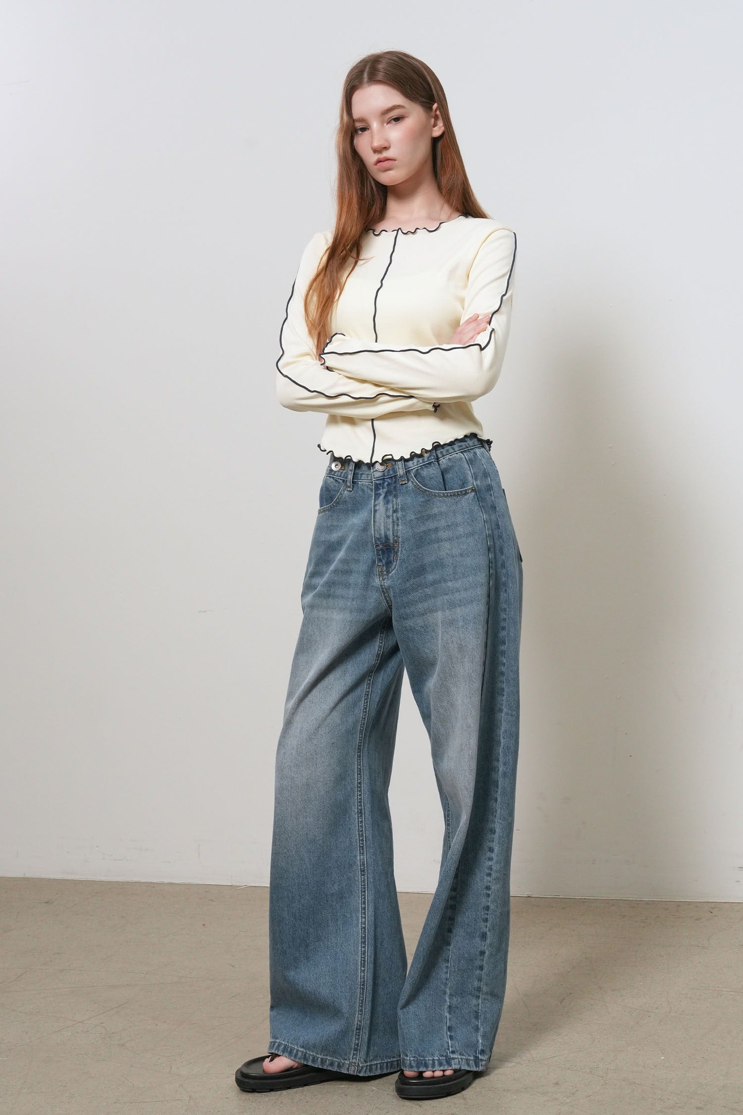 [General Idea] Snap Detail Wide Denim Pants / Blue