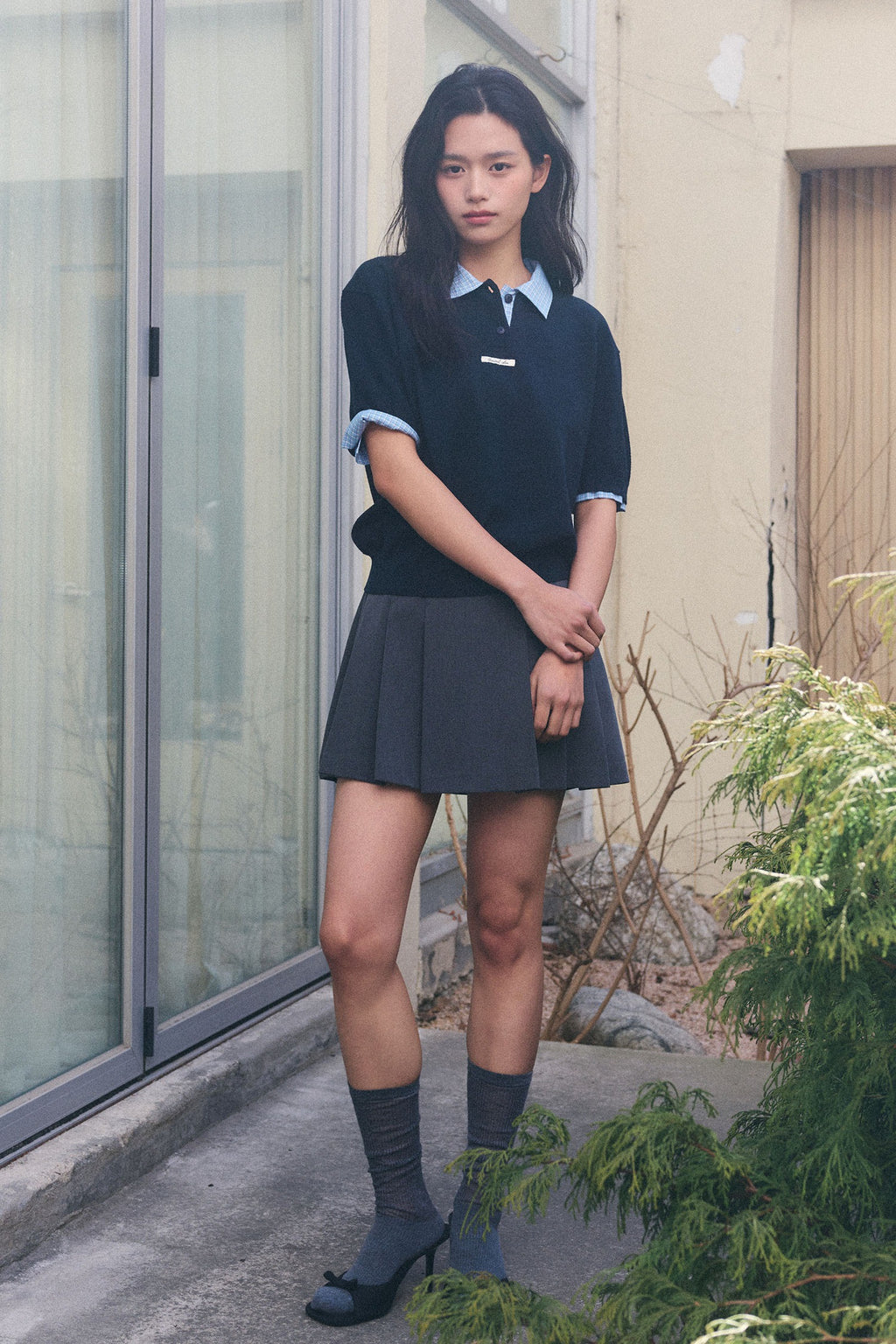 [General Idea] Shirt Collar Piqué Half-Sleeve Knit Top / Navy