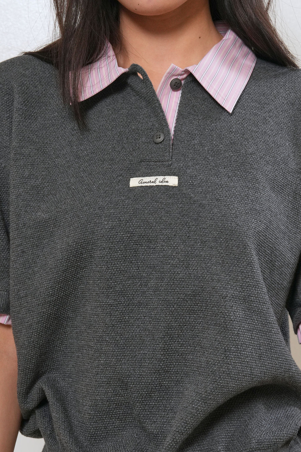 [General Idea] Shirt Collar Piqué Half-Sleeve Knit Top / Charcoal