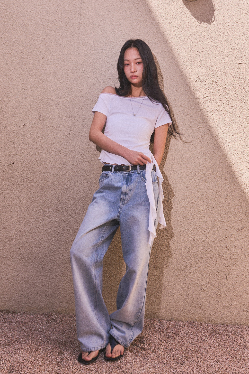 [General Idea] Mesh Trimming One Shoulder T-Shirt / White