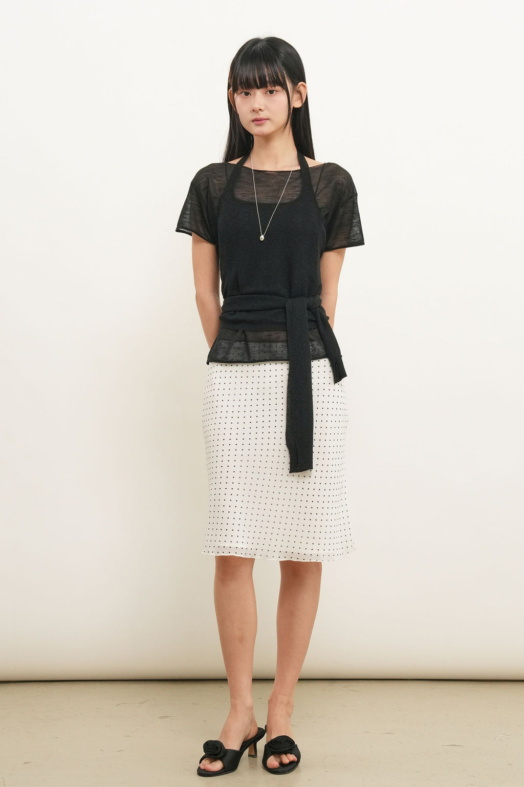 [General Idea] See-Through Halter Neck Layered Knit Set / Black