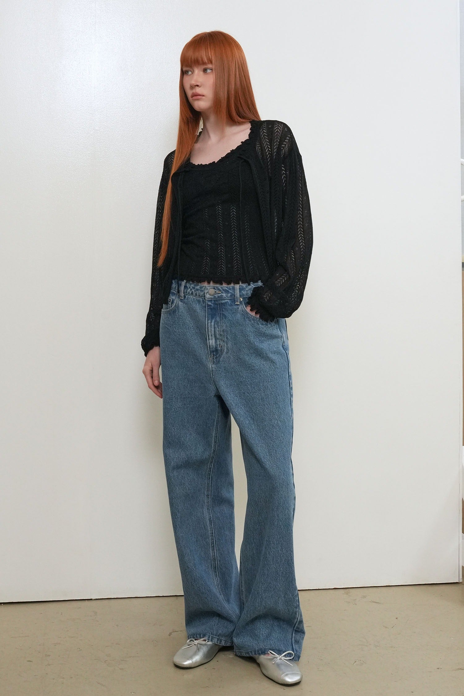 [General Idea] Punching Ruffle Sleeveless Cardigan Set / Black