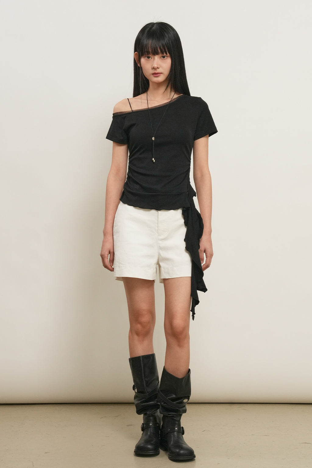 [General Idea] Mesh Trimming One Shoulder T-Shirt / Black