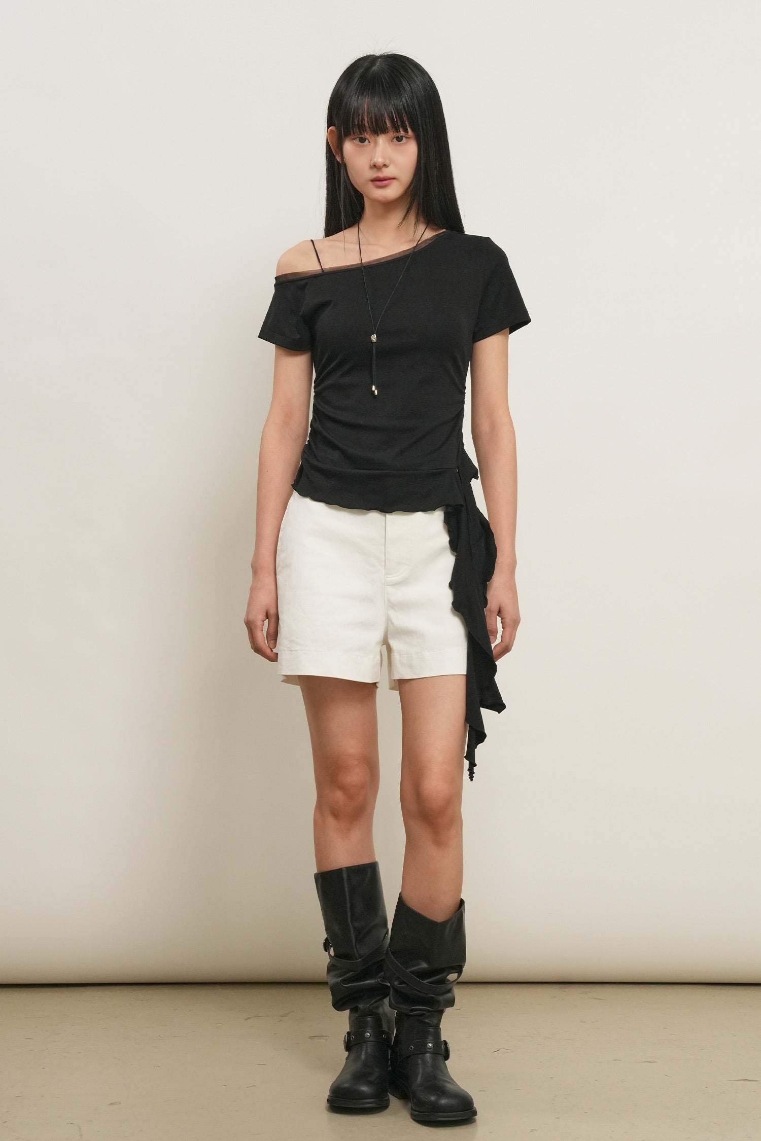 [General Idea] Mesh Trimming One Shoulder T-Shirt / Black