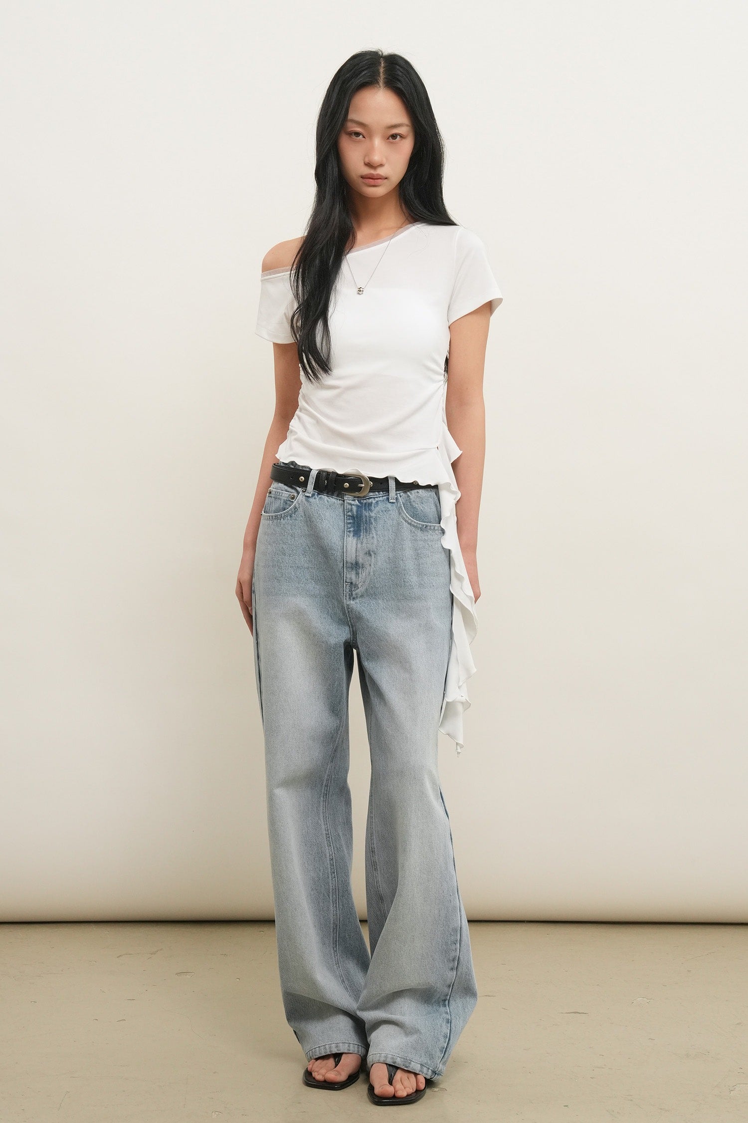 [General Idea] Mesh Trimming One Shoulder T-Shirt / White