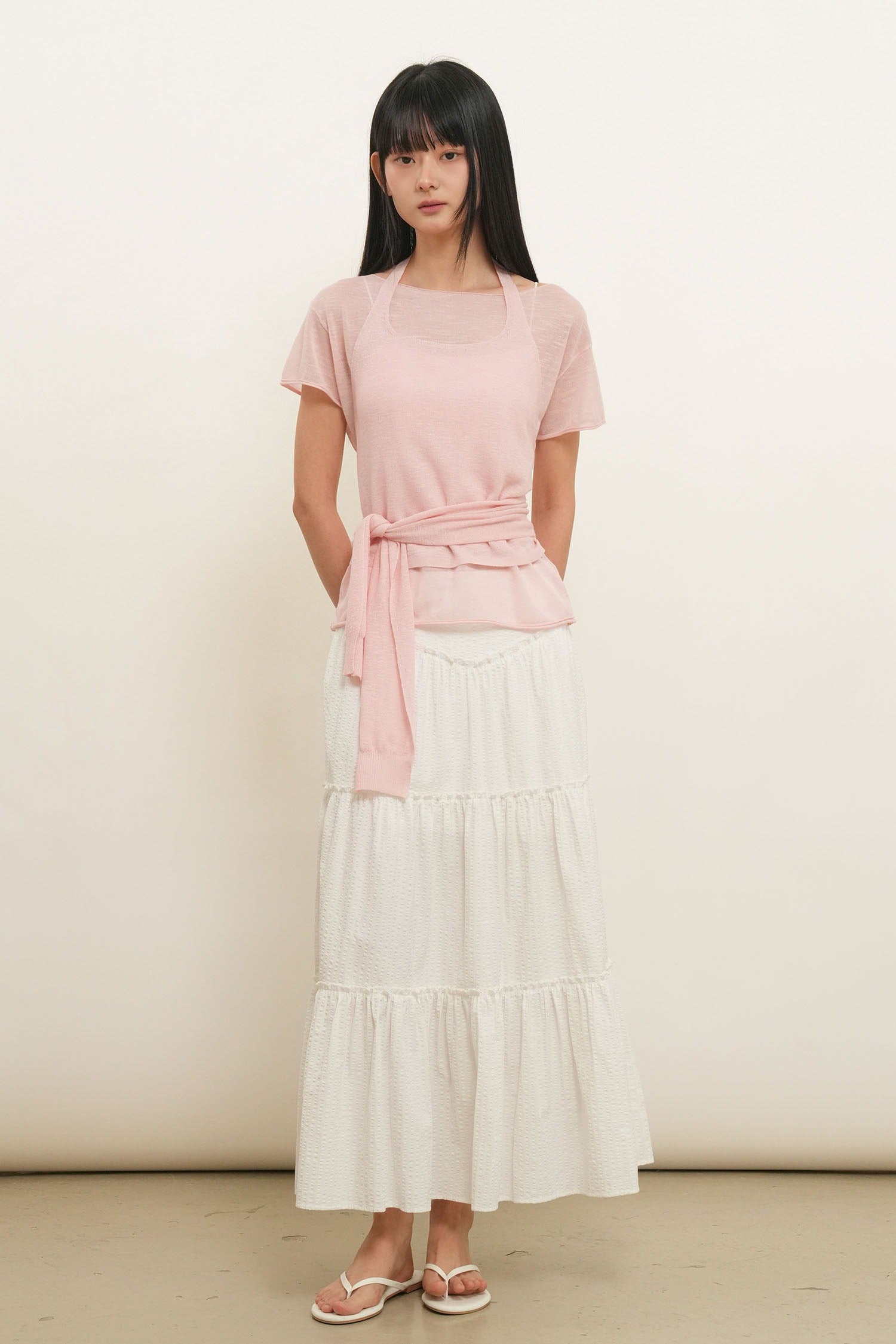 [General Idea] See-Through Halter Neck Layered Knit Set / Pink