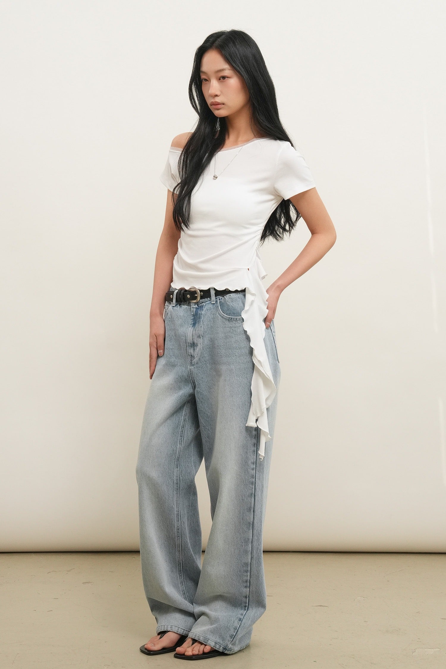 [General Idea] Mesh Trimming One Shoulder T-Shirt / White
