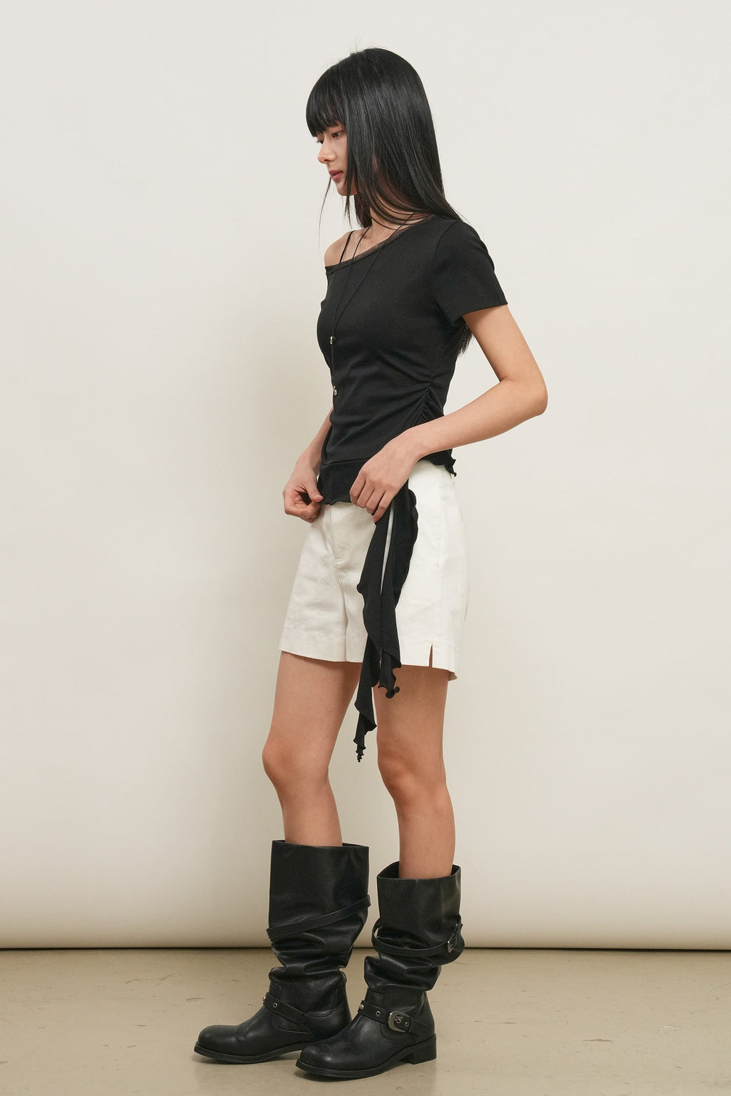 [General Idea] Mesh Trimming One Shoulder T-Shirt / Black