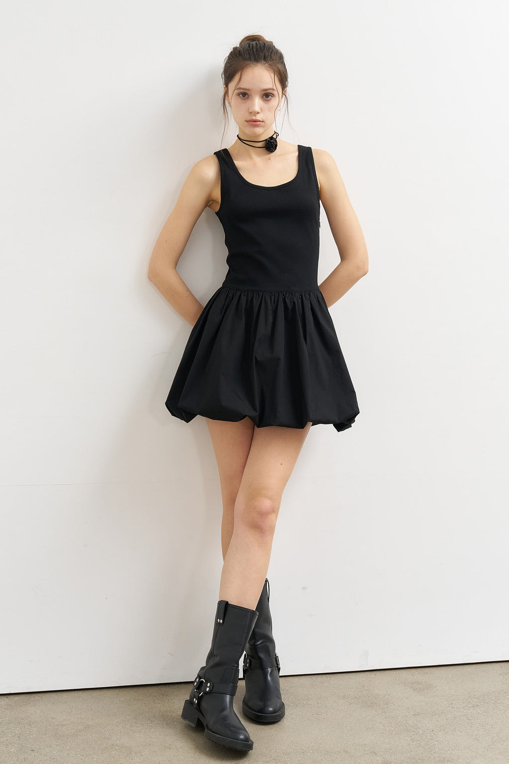 [General Idea] Jersey Top Balloon Mini Dress / Black