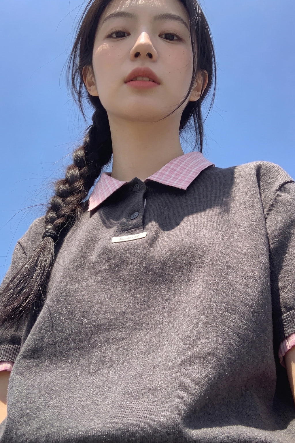 [General Idea] Shirt Collar Piqué Half-Sleeve Knit Top / Charcoal