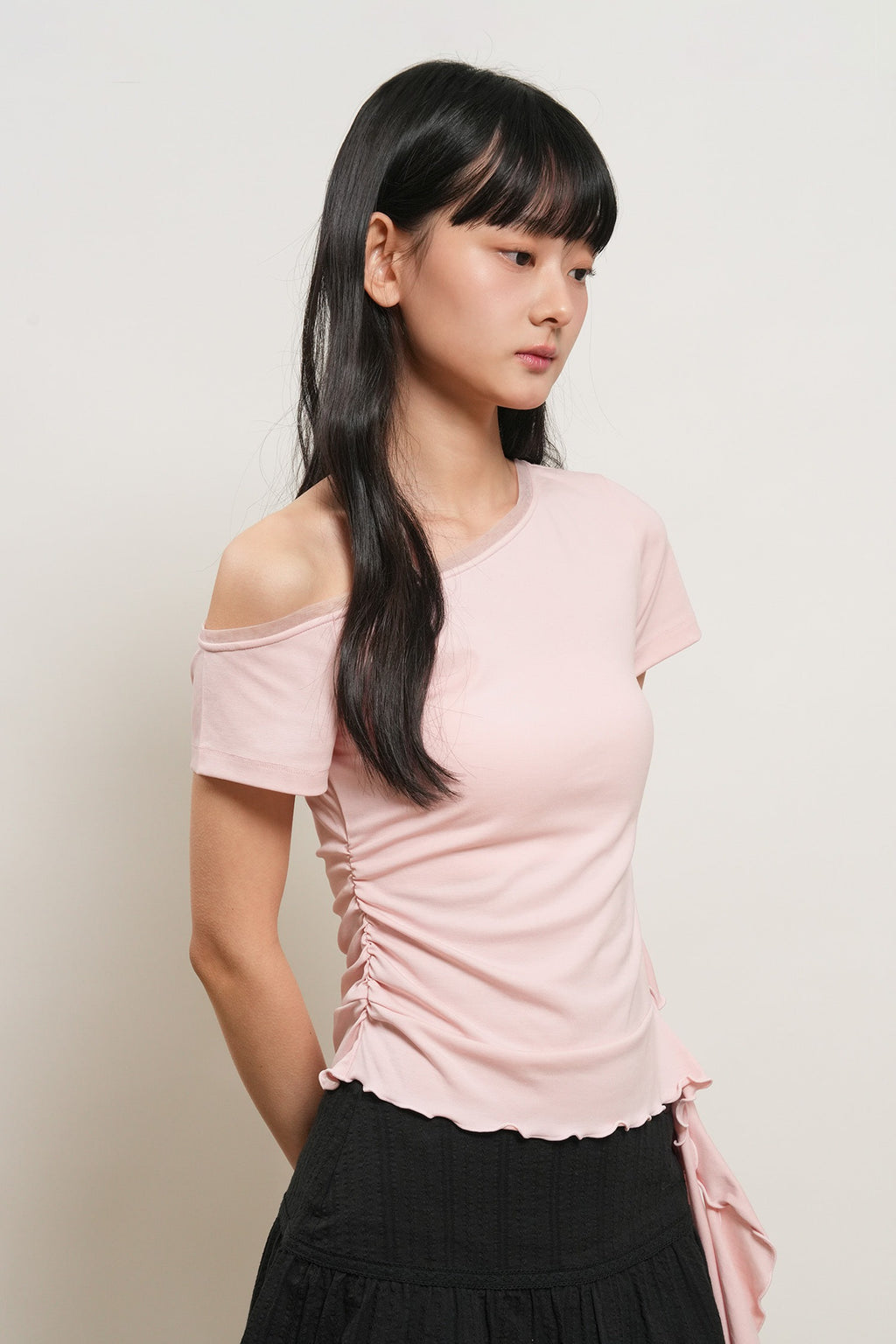 [General Idea] Mesh Trimming One Shoulder T-Shirt / Pink