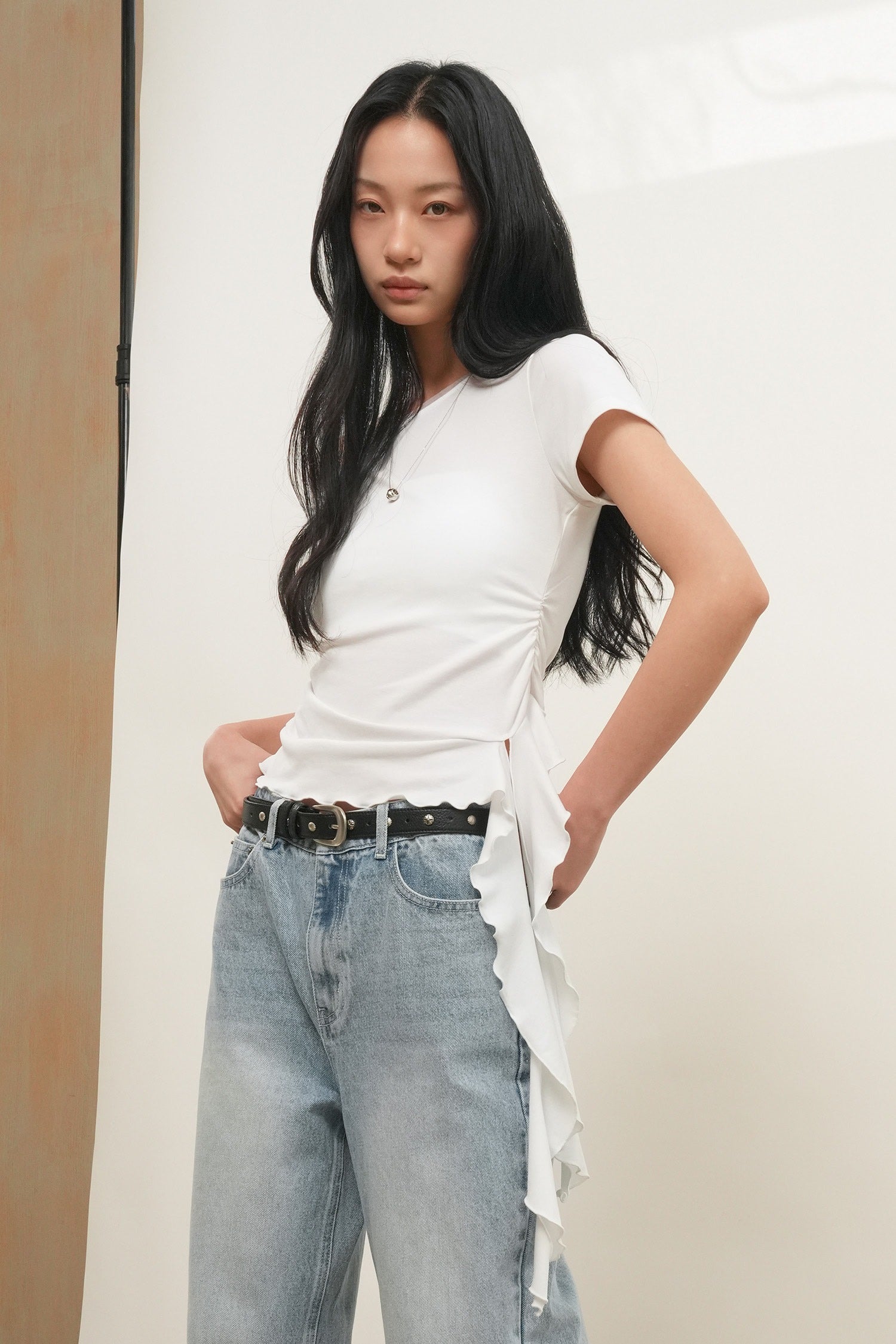 [General Idea] Mesh Trimming One Shoulder T-Shirt / White