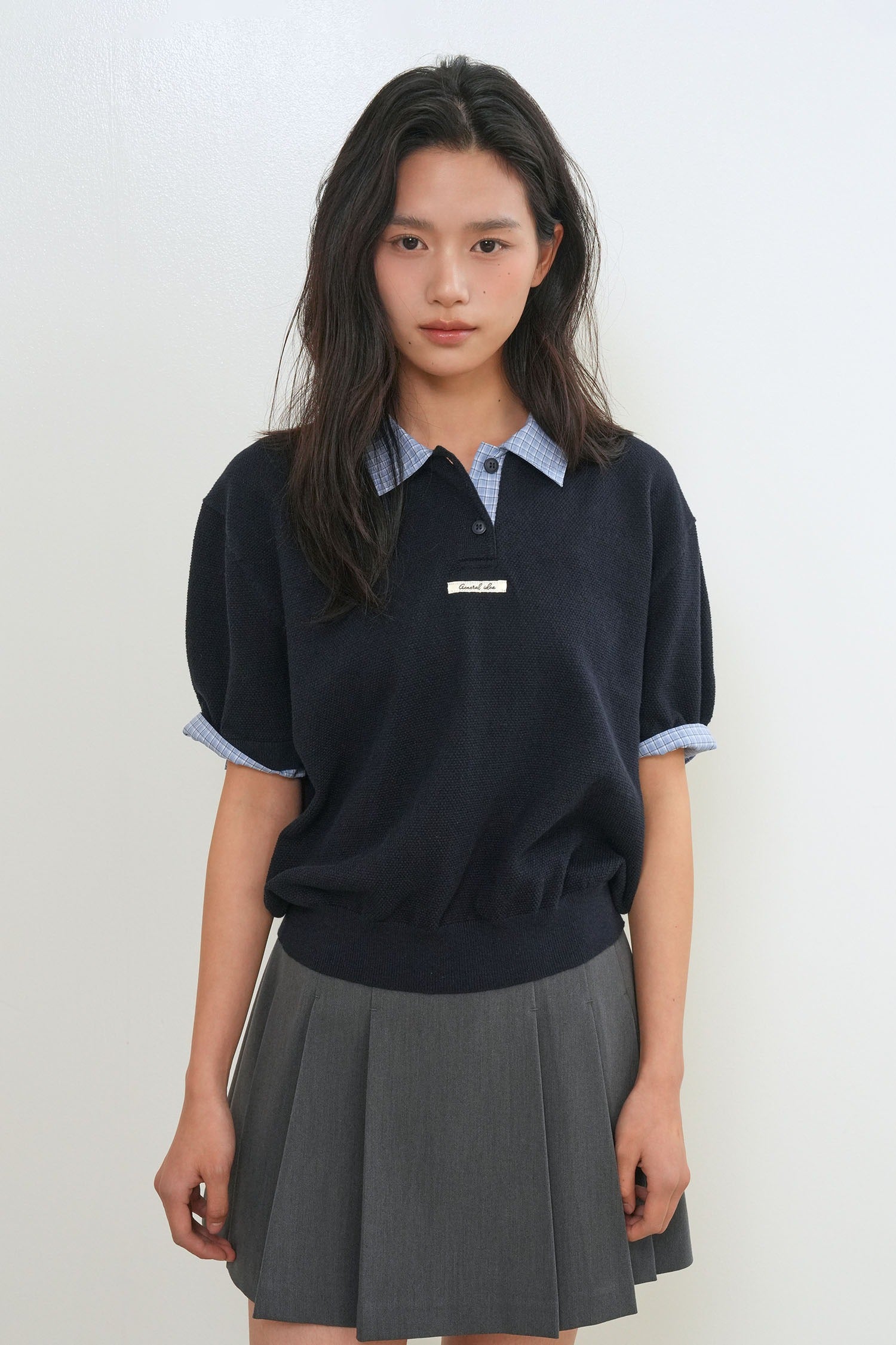 [General Idea] Shirt Collar Piqué Half-Sleeve Knit Top / Navy