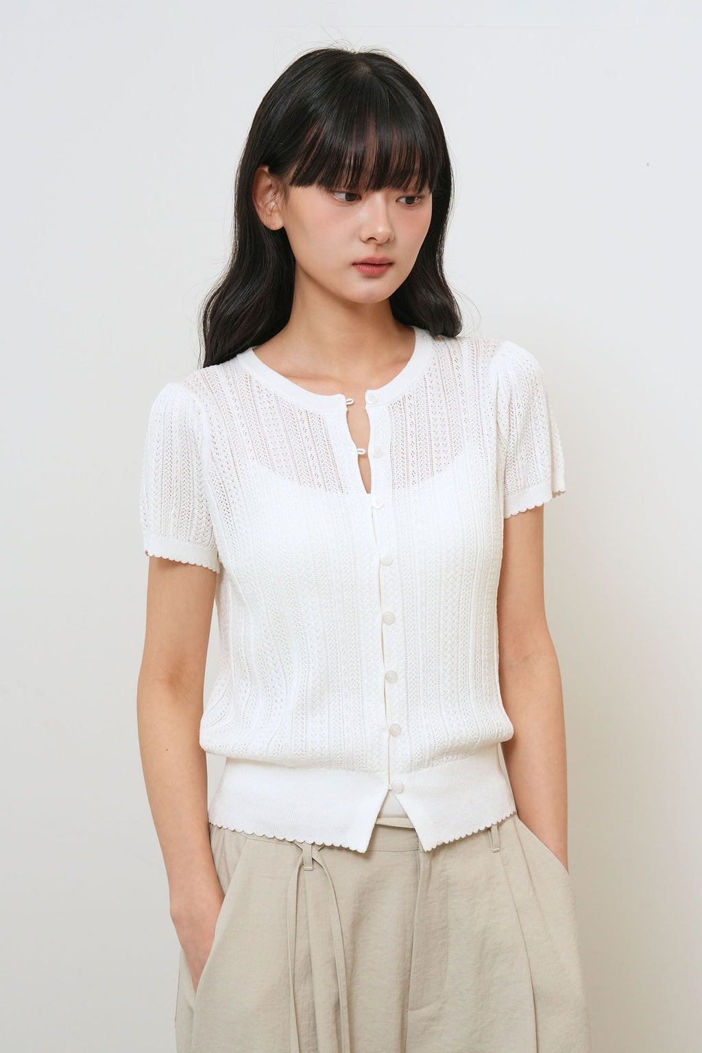 [General Idea] Punching Scallop Half Cardigan / White