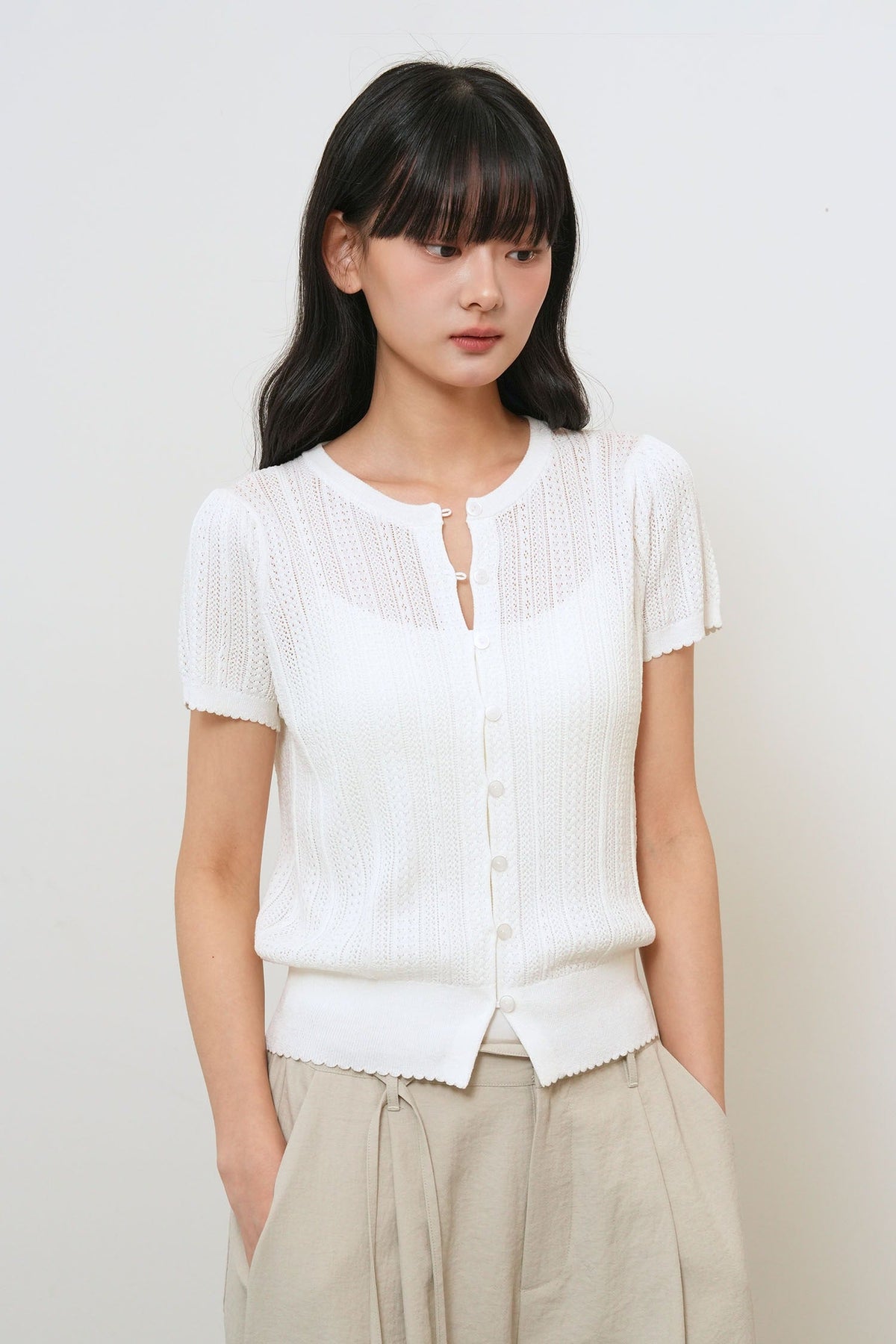 General Idea Punching Scallop Half Cardigan White