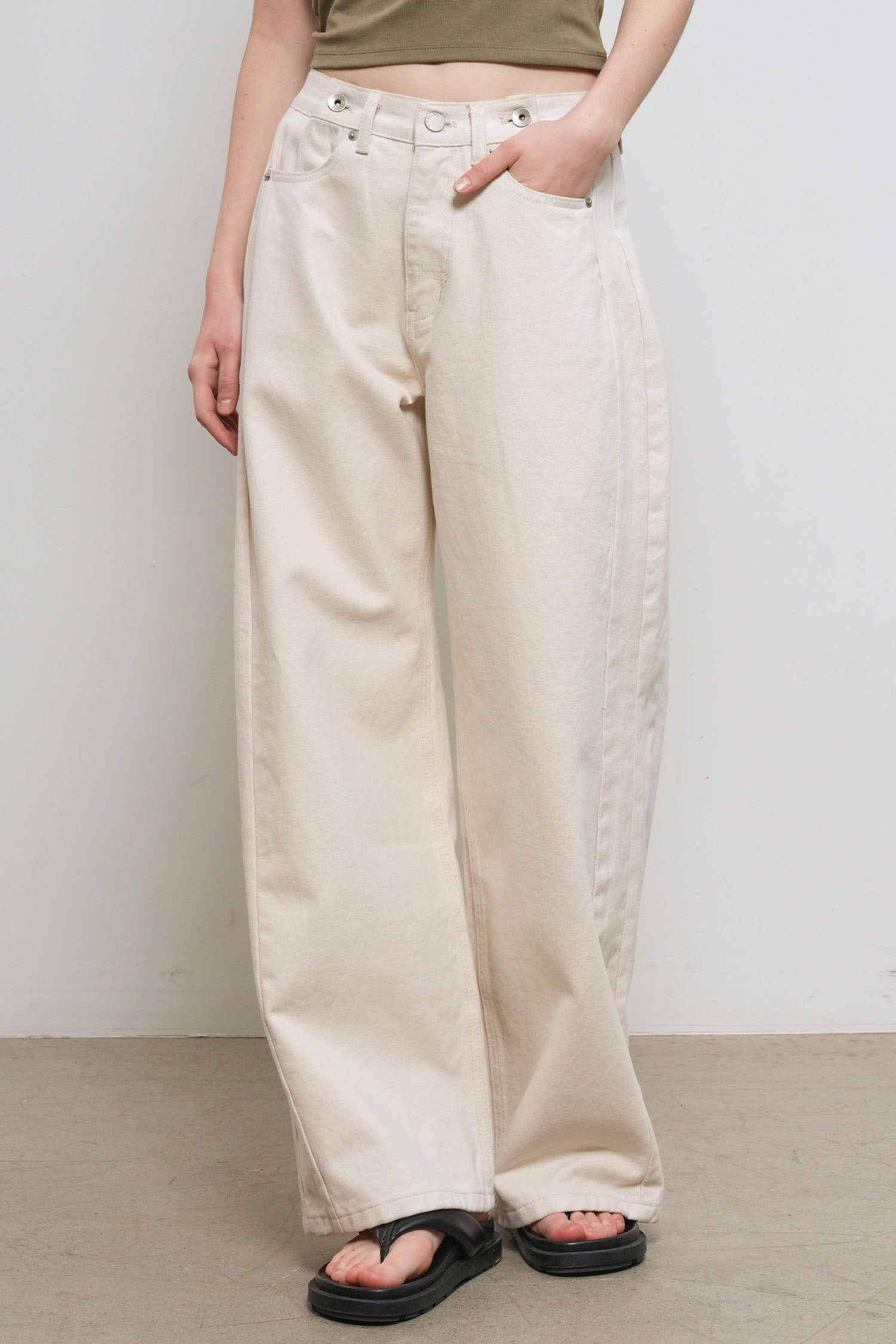[General Idea] Snap Detail Wide Denim Pants / Ivory