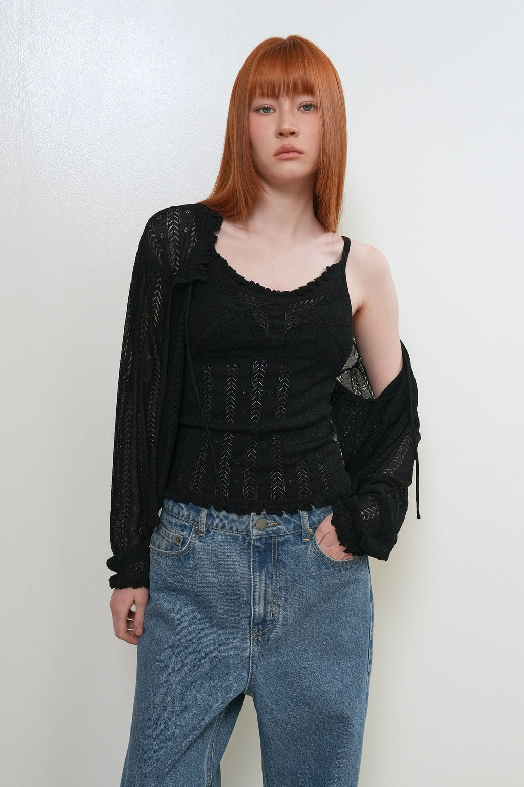 [General Idea] Punching Ruffle Sleeveless Cardigan Set / Black