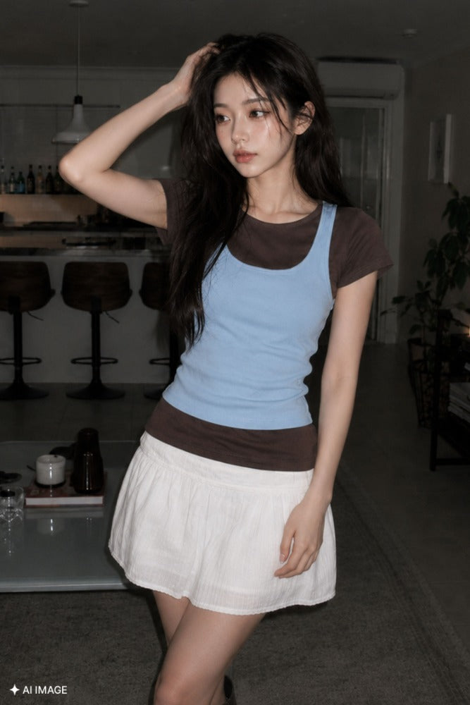 [General Idea] WOMAN Two Way Color Layered T-Shirt / Sky Blue