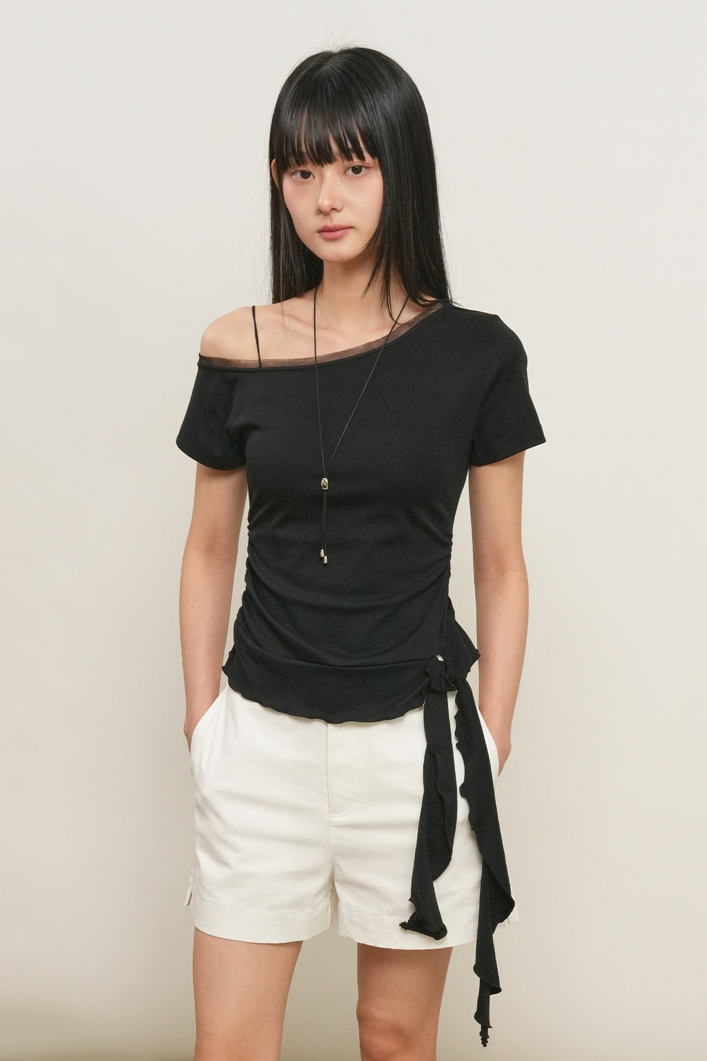 [General Idea] Mesh Trimming One Shoulder T-Shirt / Black