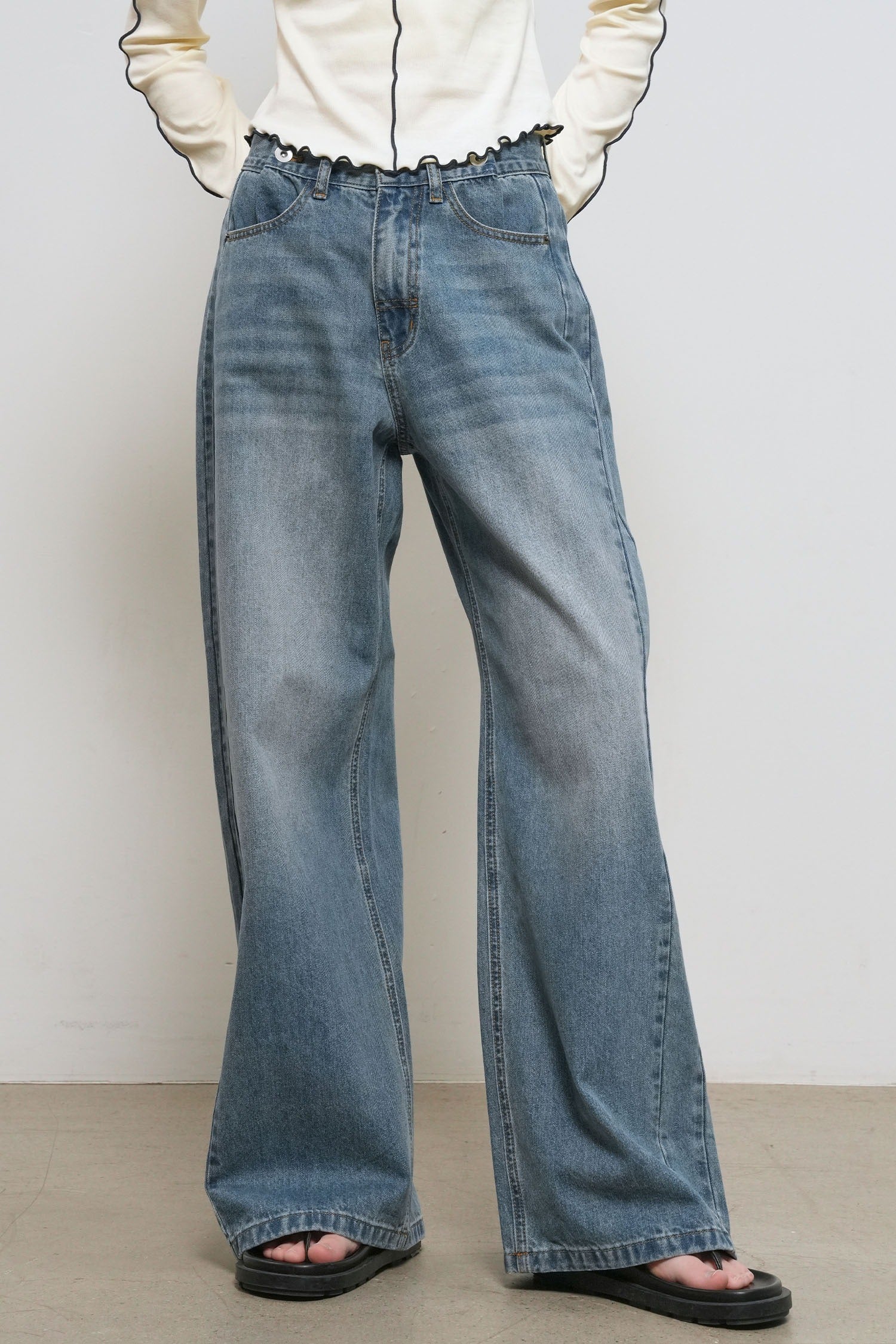 [General Idea] Snap Detail Wide Denim Pants / Blue