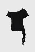 [General Idea] Mesh Trimming One Shoulder T-Shirt / Black