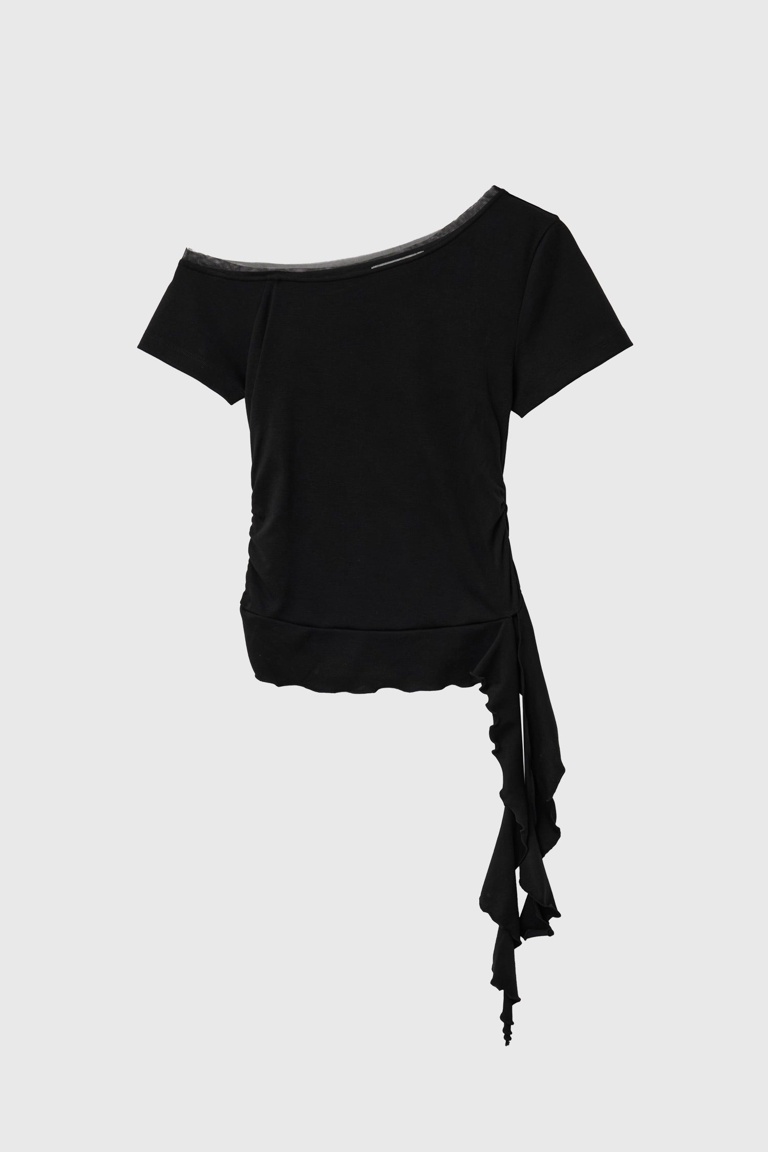 [General Idea] Mesh Trimming One Shoulder T-Shirt / Black