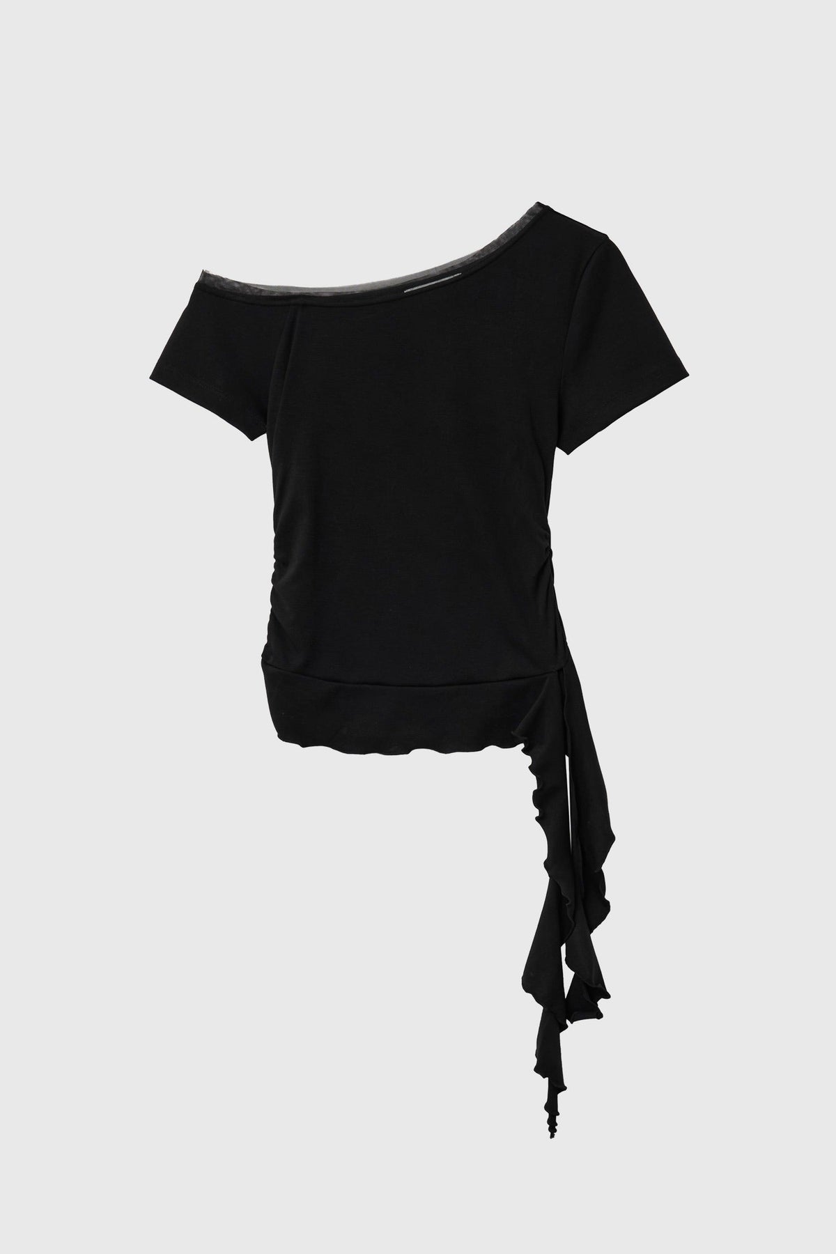 General Idea Mesh Trimming One Shoulder T-Shirt Black