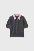 [General Idea] Shirt Collar Piqué Half-Sleeve Knit Top / Charcoal