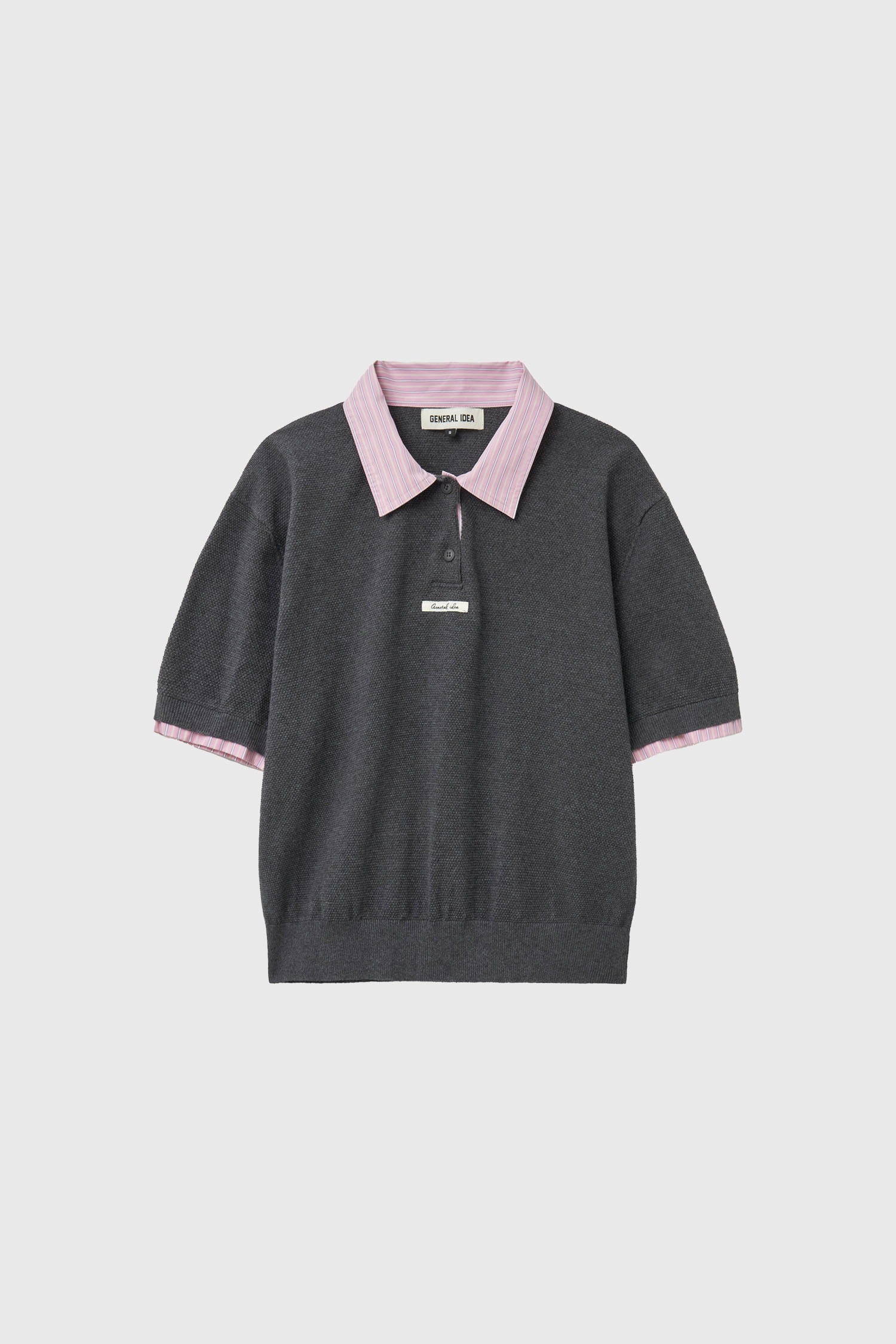 [General Idea] Shirt Collar Piqué Half-Sleeve Knit Top / Charcoal