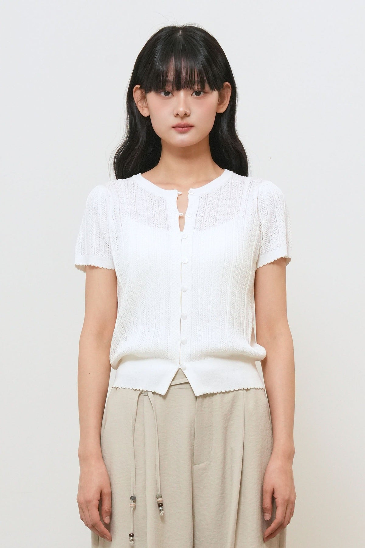 General Idea Punching Scallop Half Cardigan White detail 1