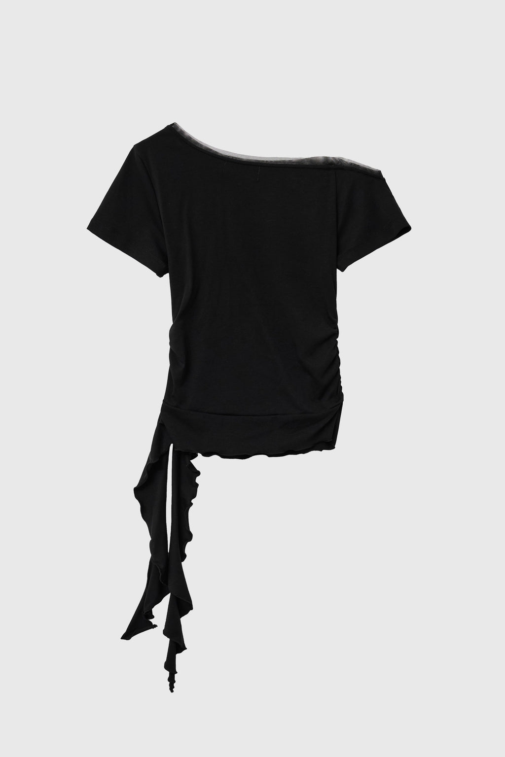 [General Idea] Mesh Trimming One Shoulder T-Shirt / Black
